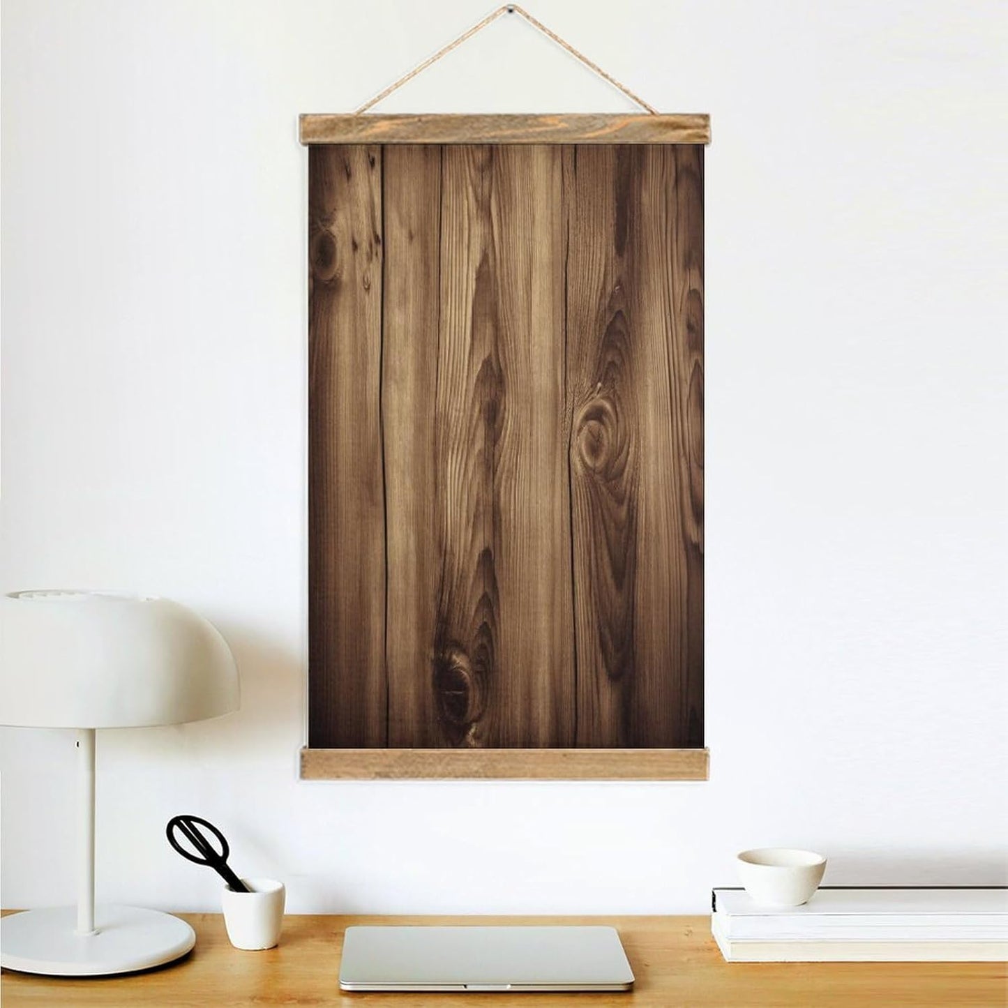 Vintage Wood Grain Poster with Wooden Frame Personalized Linen Hanging Scroll Painting Rustic Wall Hanging Illustrative Modern Artwork Decor for Home Living Room Bedroom Office