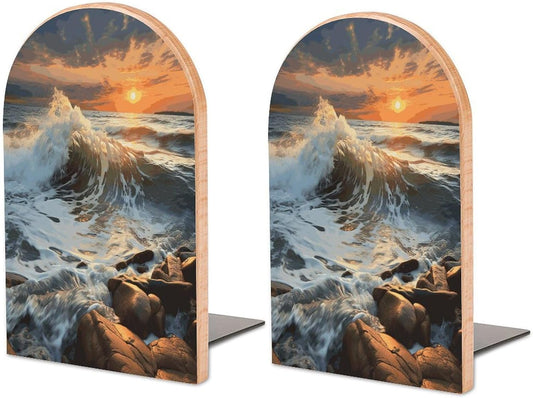 Rocky Wave Sunset Painting Wooden Bookend Non-Slip Book Ends Heavy Duty Book Stopper with Metal Base Books Holderd Decorative Bookends Stands Firmly for Office Supplies