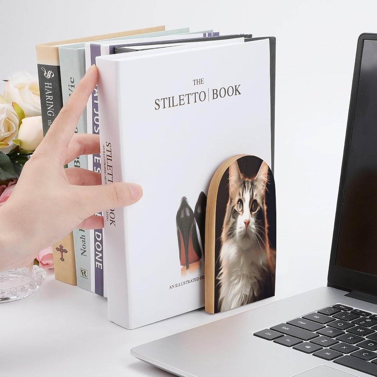 Cat Bookends 1 Pair Heavy Duty Book Ends for Shelves Non-Skid Bookend Supports Wooden Book Holders with Metal Base Desk Organizers Books Storage to Hold Books