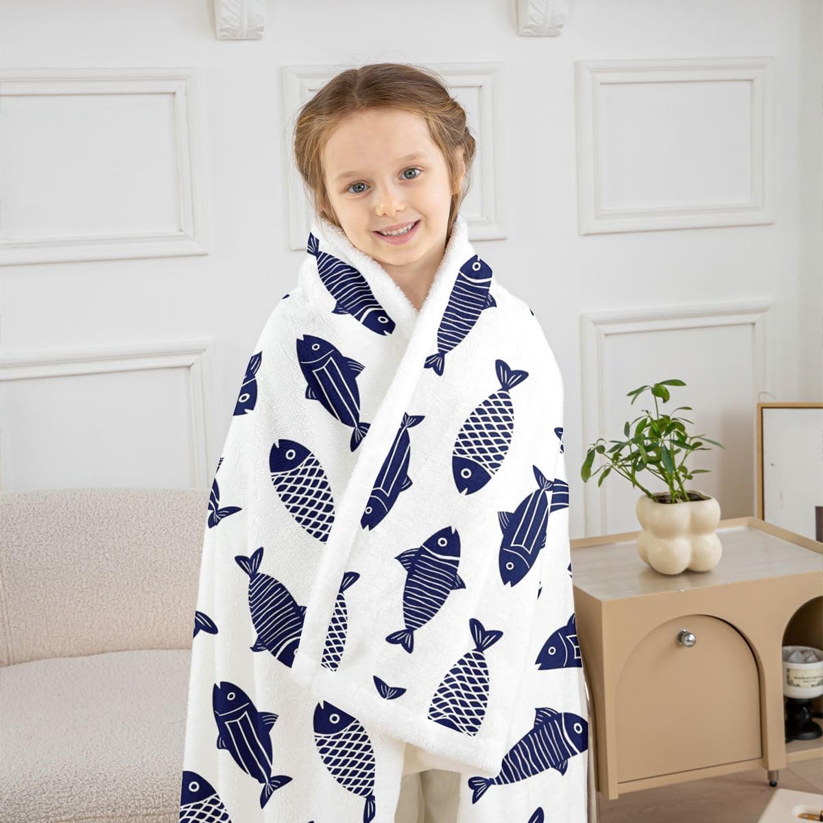 Feelyou Fishes Sherpa Throw Blanket for Couch Blue Fish Super Soft Cozy Fleece White Blue Floral Blanket for Winter, Plush Throw Nautical 40"x50" All Season