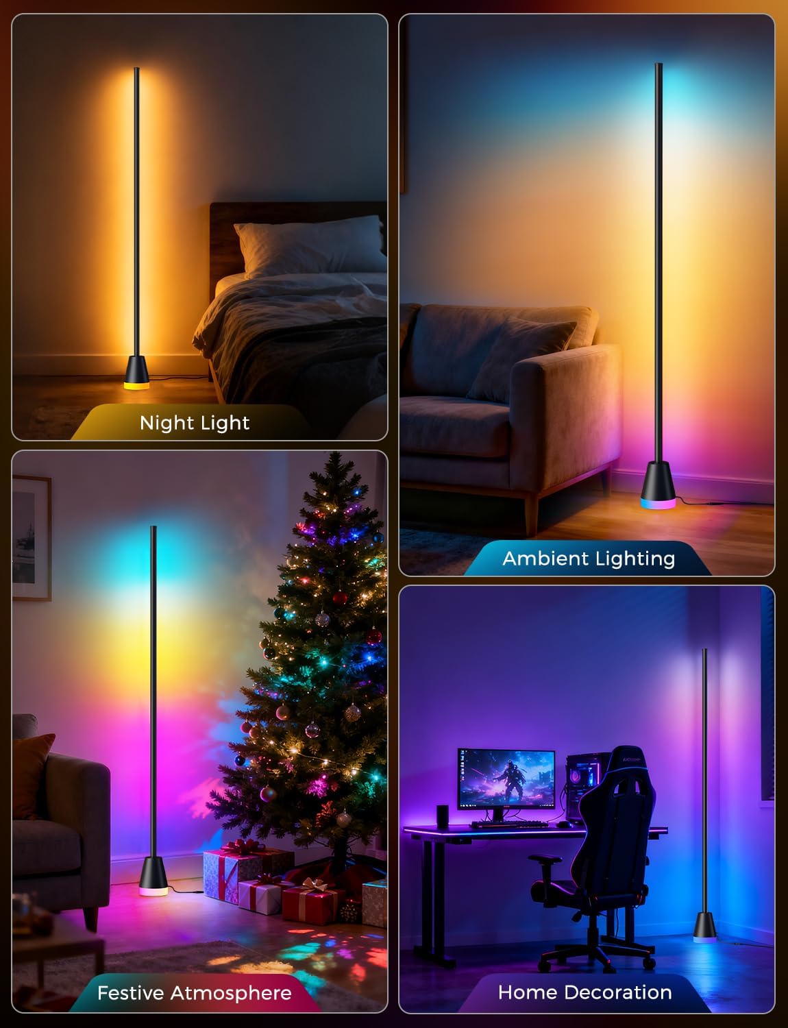 RGB Floor Lamp, Smart LED Corner Lamp for Living Room Bedroom, 16 Million DIY Colors Standing Lamp with Music Sync App & Remote Control, Cool Modern Mood Light Ambient Lighting, Black