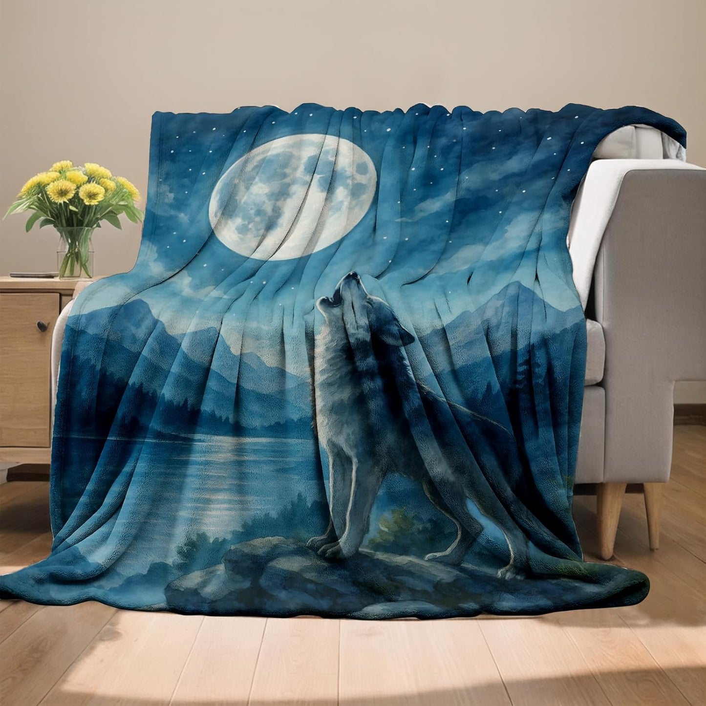 Mystical Wolf Moon Blanket, Flannel Throw Blanket Soft Cozy Lightweight Blankets for Adults Women Kids Home Decor for Sofa Couch Bed 60x50 Inch