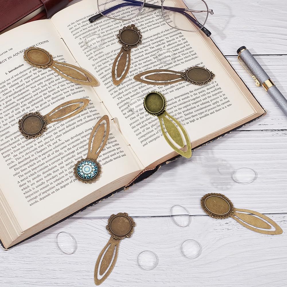 SUNNYCLUE 1 Box 16Pcs DIY 8 Sets Vintage Bookmark Metal Antique Bronze Bookmark Bezel Tray Cabochon Book Marks Making Kit Clear Glass Cabochons Book Mark Blank Bezels for Adults DIY Crafts