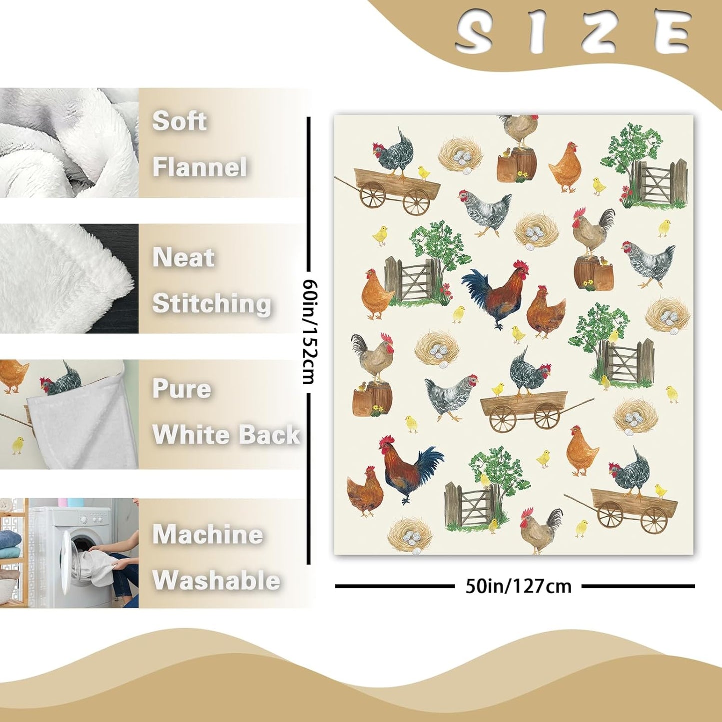 Farm Animal Chicken Flannel Throw Blanket, Cute Birthday for Kids Boys Girls Men Women, Farmhouse Rooster Hen Chicks Eggs Botanical Soft Blankets for Bedding Sofa 50 x 60 Inches