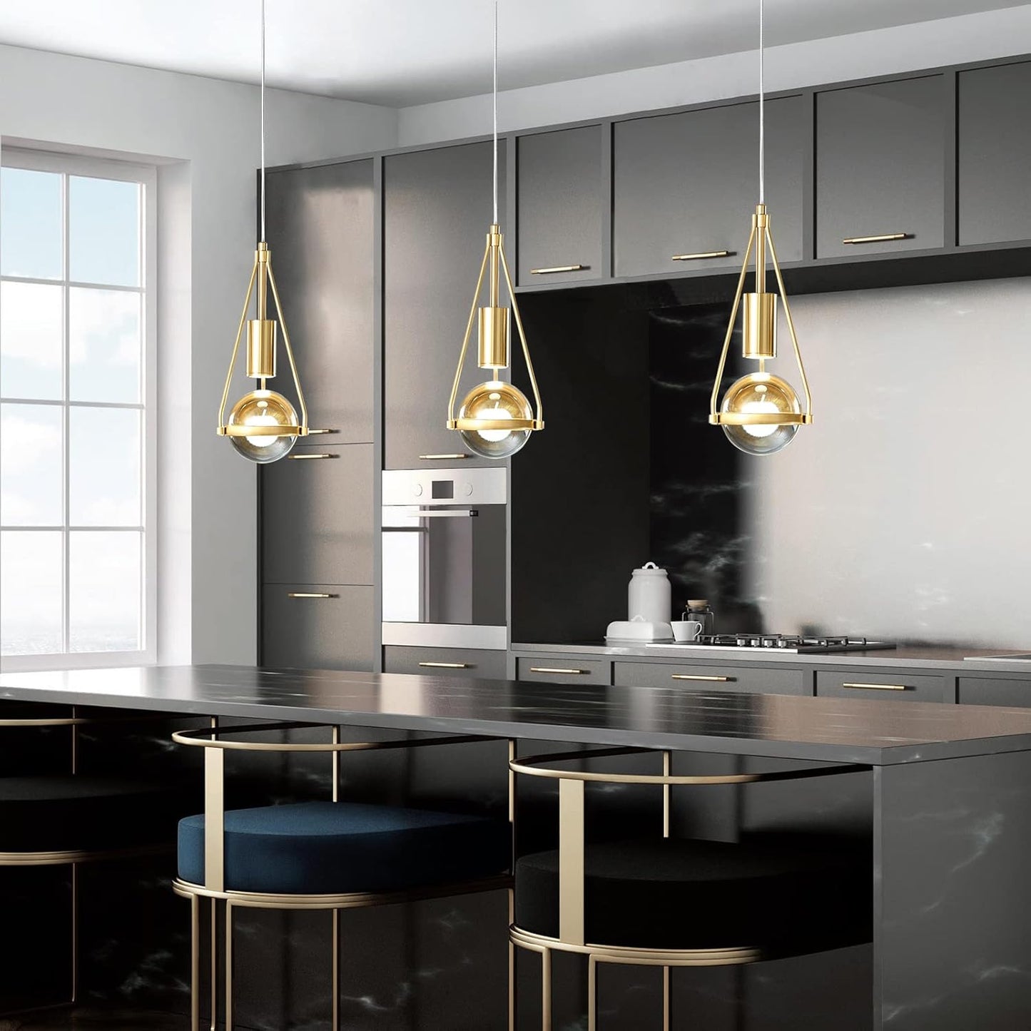 Gold Dandelion Pendant Light in Brushed Brass Finish, 1-Light Mini Globe Modern Crystal Kitchen Island Pendant Lighting Dimmable LED Hanging Ceiling Light Fixture for Bathroom Bedroom