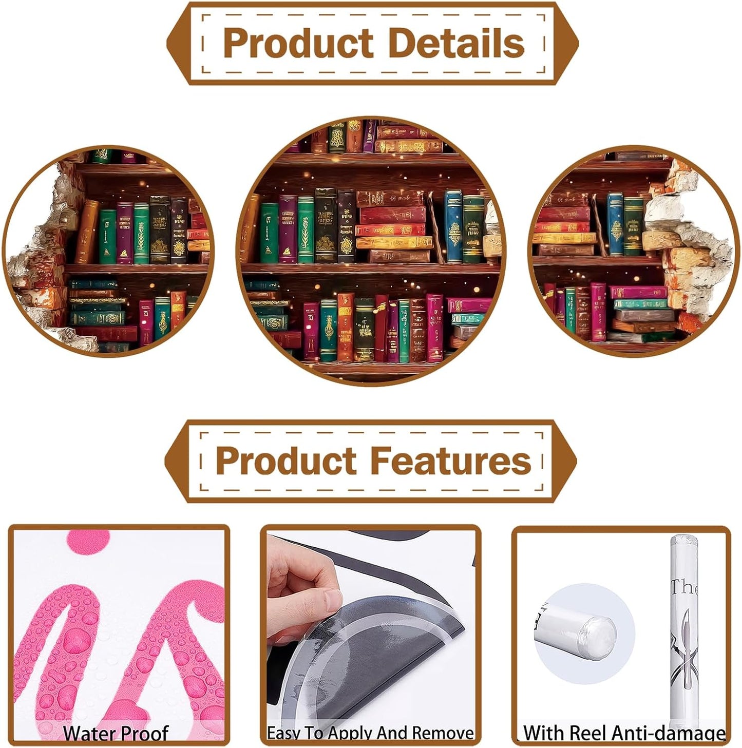 PLIGREAT Vintage Book Break Through Wall Decals, 3D Broken Wall Stickers Removable Vinly Bookshelf Mural Stickers for Reading Room Bedroom Living Room Home DIY Decor, 2 Sheets