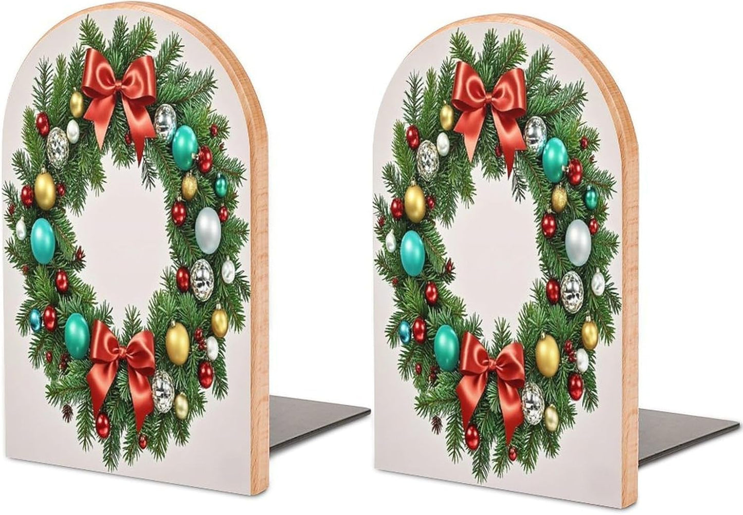 Christmas Wreath of Evergreen Branches Bookends 1 Pair Heavy Duty Book Ends for Shelves Non-Skid Bookend Supports Wooden Book Holders with Metal Base Desk Organizers Books Storage to Hold Books