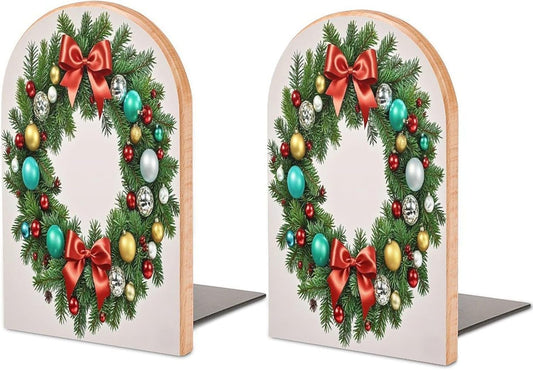 Christmas Wreath of Evergreen Branches Bookends 1 Pair Heavy Duty Book Ends for Shelves Non-Skid Bookend Supports Wooden Book Holders with Metal Base Desk Organizers Books Storage to Hold Books