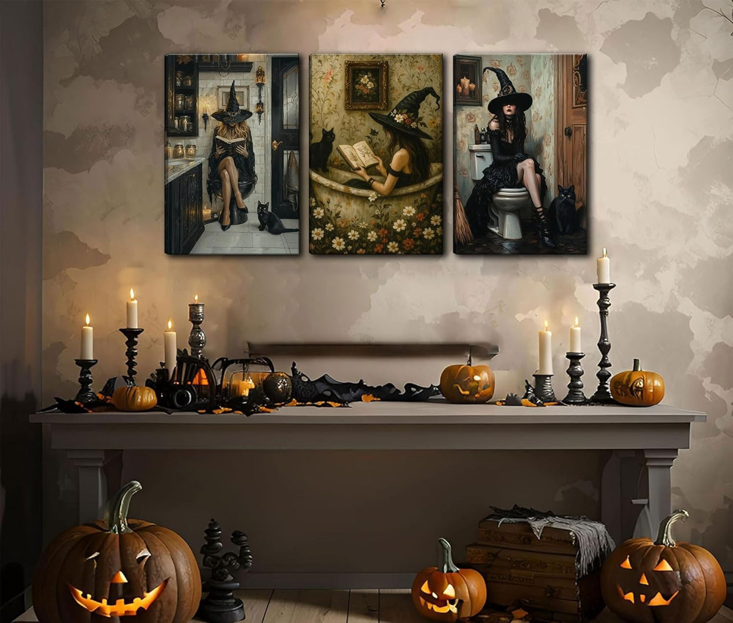 3Pcs Gothic Bathroom Canvas Wall Art Black Cat and Witch Reading Book in Bathtub Poster Prints Dark Academia Wall Decor picturesfor Bathroom Gallery Toilet Restroom Home Decoration