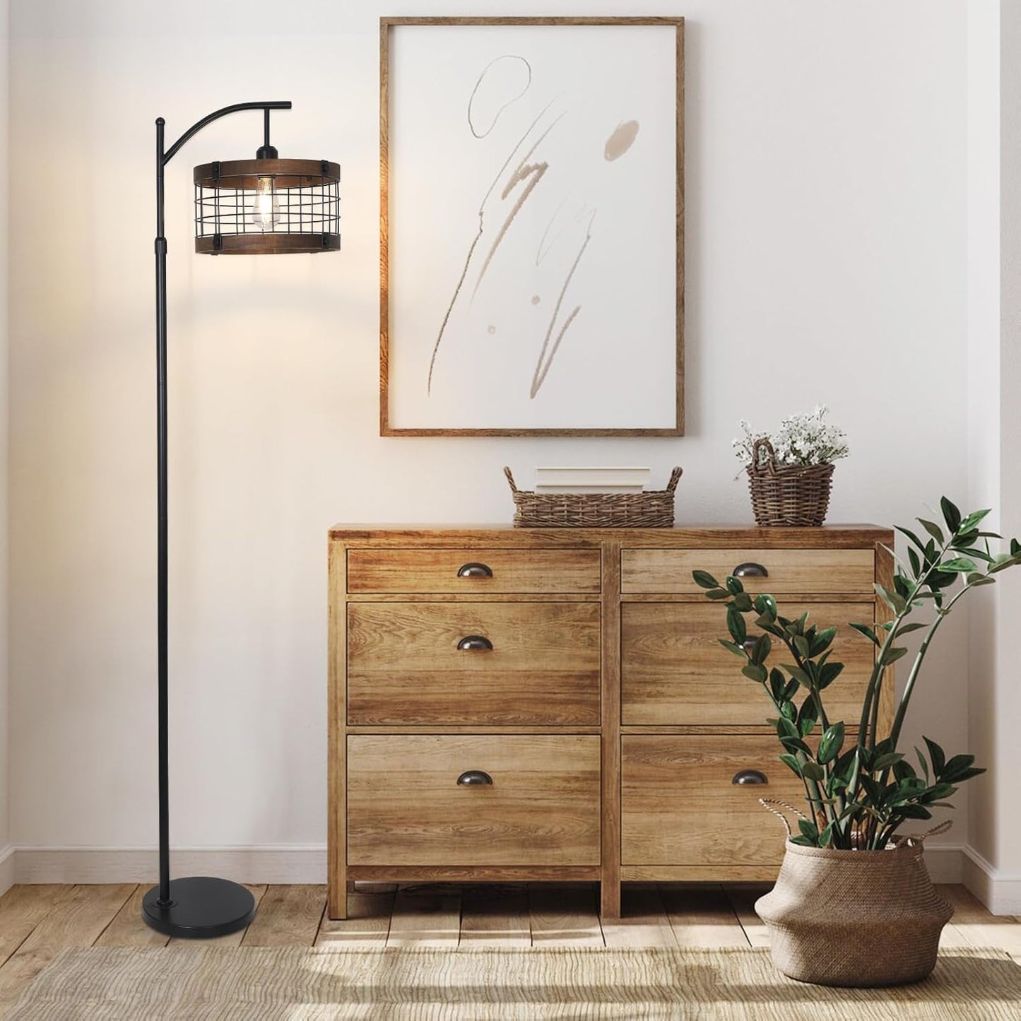 Arc Floor Lamp with Remote & Dimmable LED Bulb, Vintage Wood Floor Lamps for Living Room, Industrial Black Standing Lamp with 3 Color Temperature, Farmhouse Rustic Tall Lamp for Bedroom Office Corner
