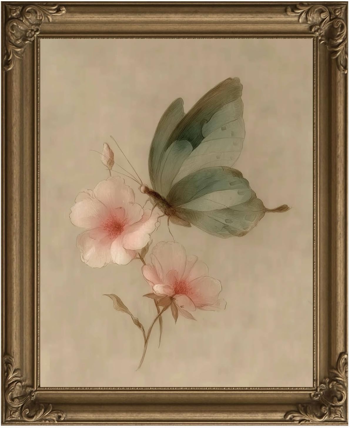 Vintage Butterfly Floral Wall Art Print, Green Butterfly with Pink Flowers, Soft Boho Botanical Illustration Poster, Unframed Linen Textured Art for Bedroom Living Room, 8x10 or 11x14 Inch (11X14)