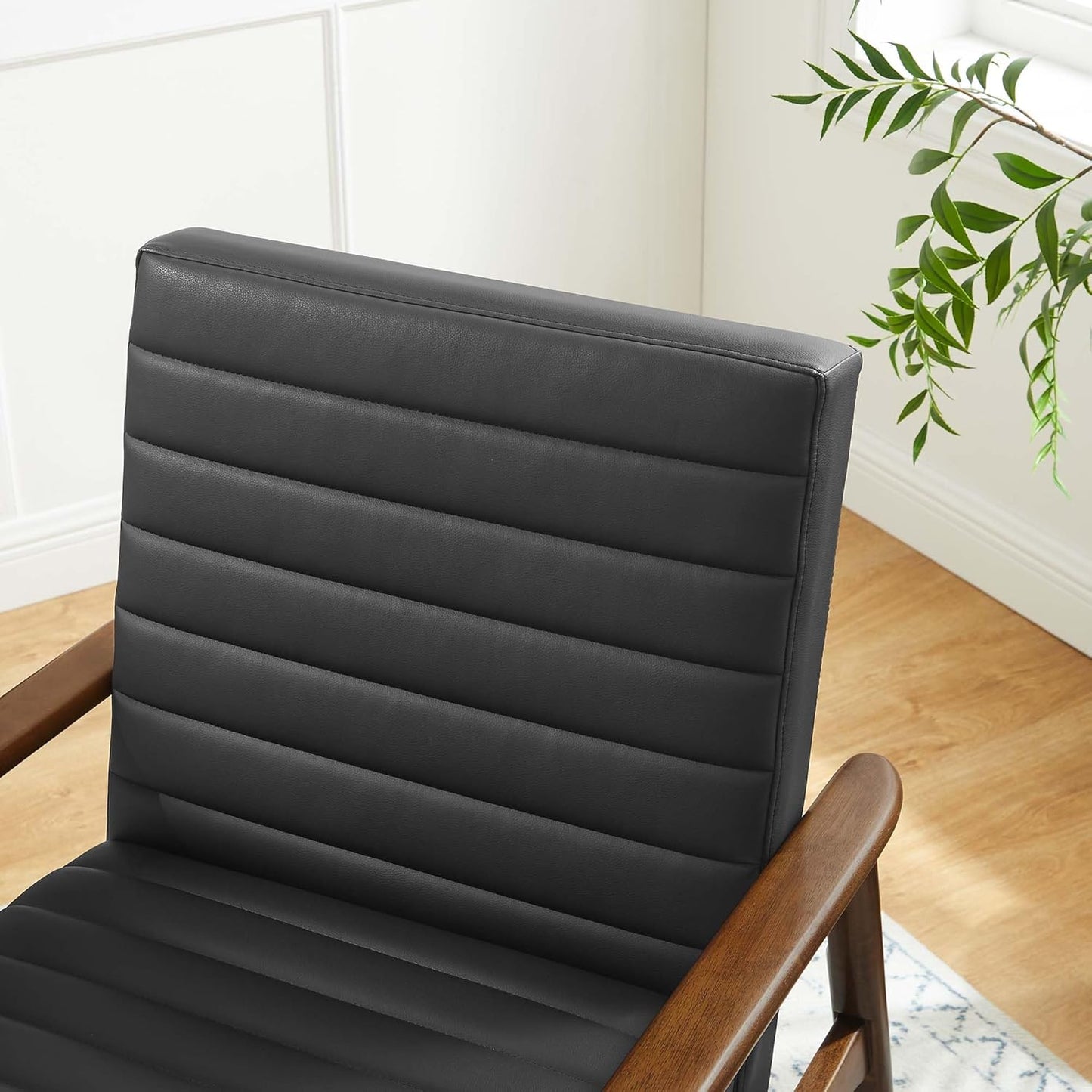 Modway Jensen Vegan Leather Accent Chair in Walnut Black - Mid-Century Modern Armchair with Solid Wood Legs & Armrest - Upholstered Faux Leather Single Side Chair - Reading Chair for Living Room