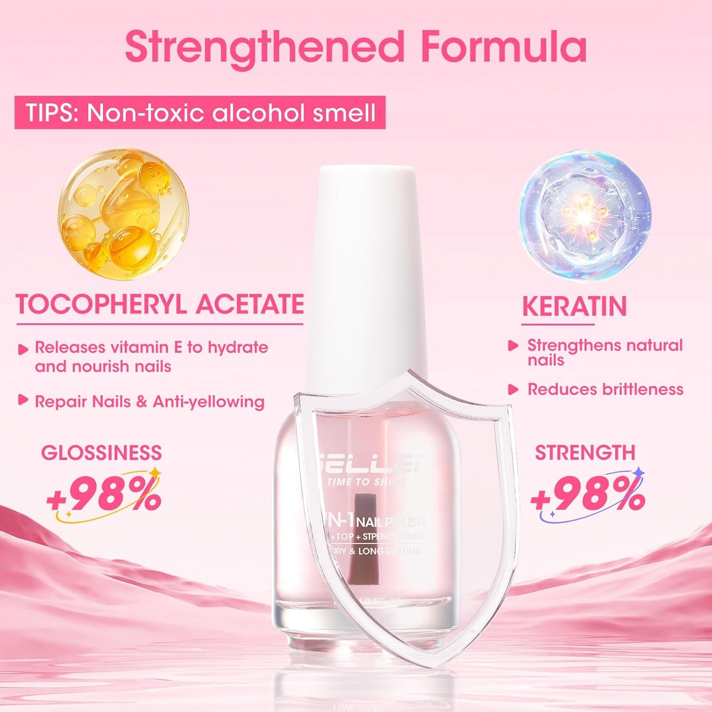 GELLEN 3-In-1 Clear Nail Strengthener, Base Top Coat, No Base Top & Light Needed, Shine Sheer Nail Polish Fortify Weak Dry Damaged Nails | Keratin Vitamin E, Anti-yellow | Toxin TPO HEMA Free, No Pink