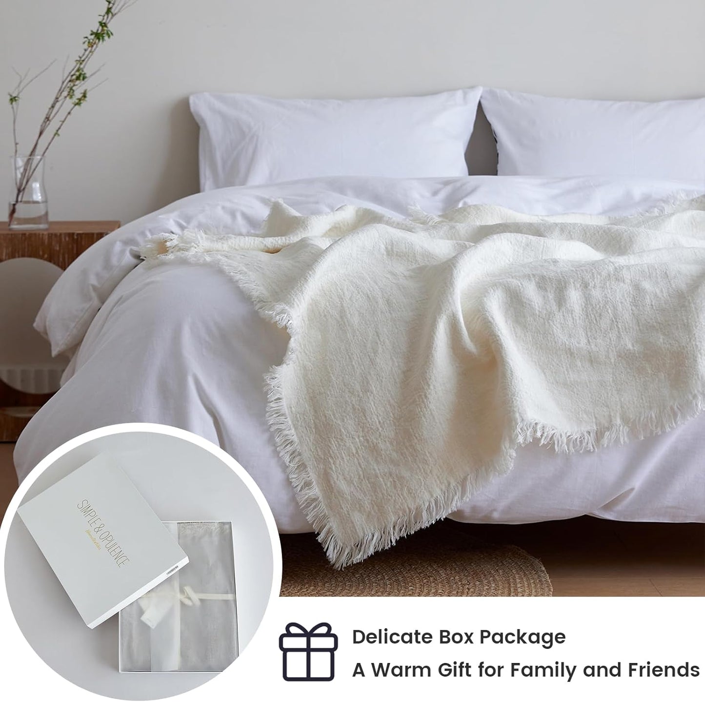 Simple&Opulence 100% Linen Throw Blanket 55x75 inches, Farmhouse Boho Tassel Blanket for Couch, Bed, Sofa, Breathable Natural Cozy Décor, White