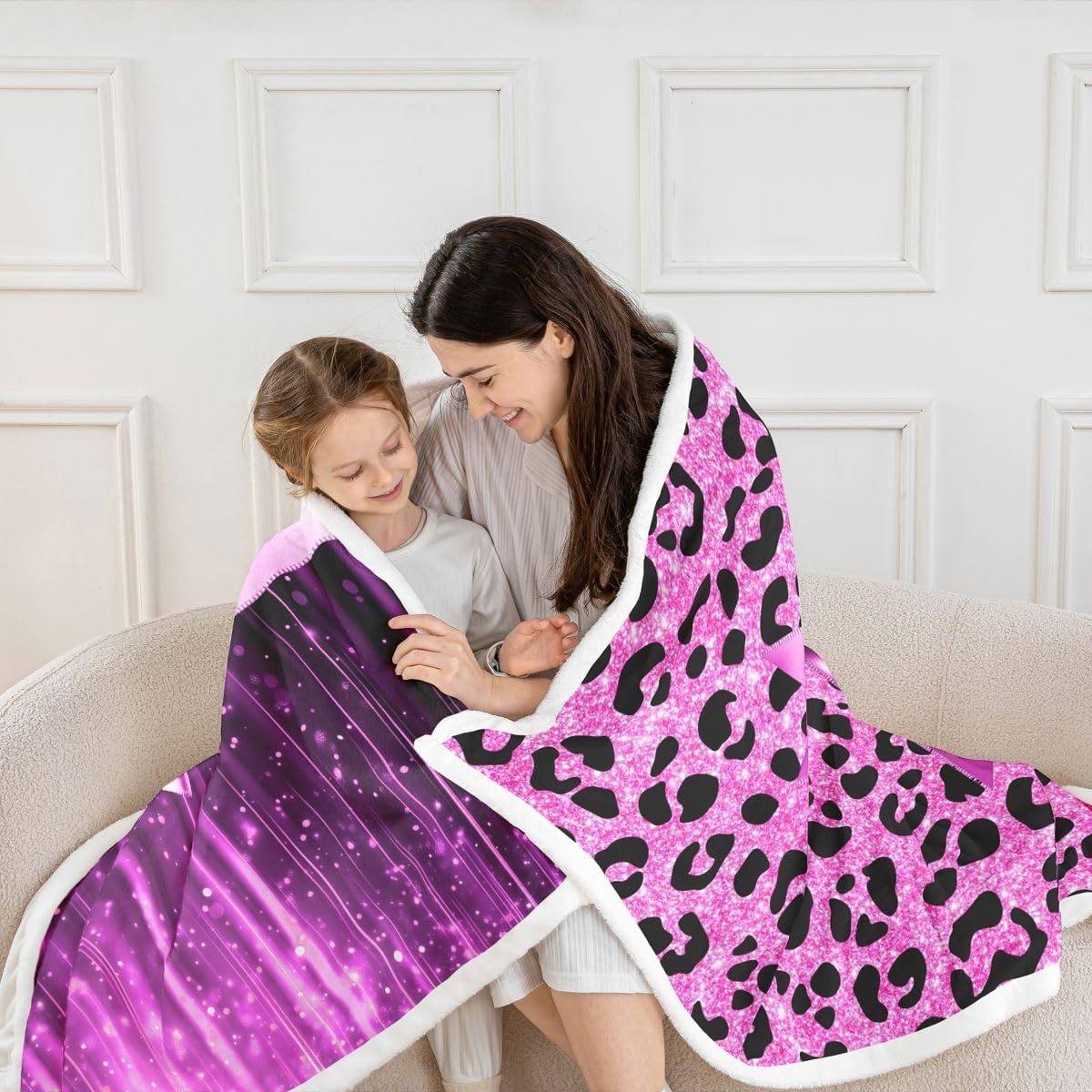 Feelyou Pink Purple Leopard Sherpa Blanket Plush Fuzzy Cute Bow Fleece Throw Blanket Boys Girls Sweet Animal Pattern for Bed Couch Chair Living Room Coquette Aesthetic Bedroom Decor 40"x50"