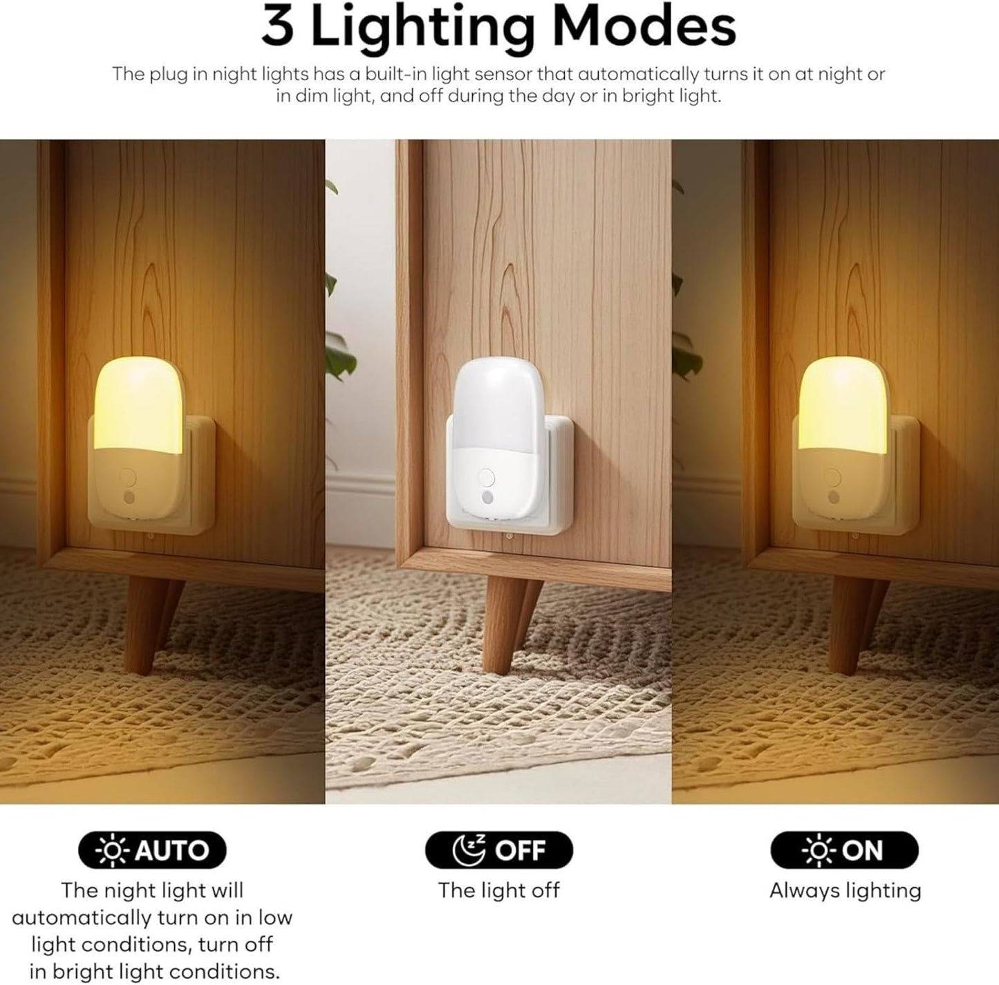 Dimmable Night Light Plug in with On/Off Switch, Auto Dusk to Dawn Sensor LED Nightlights, Adjustable Brightness (Warm White) for Bathroom, Hallway, Kids Room, Stairs (2 Pack)