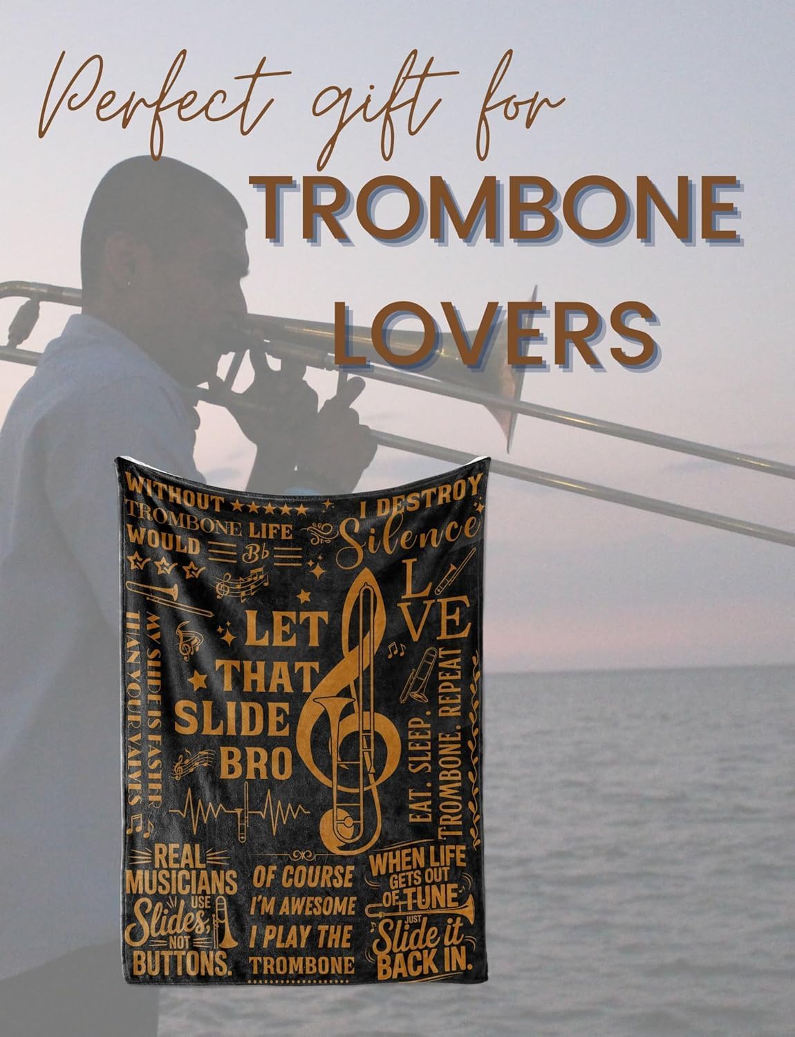 Trombone Gifts for Trombonist, Bed Flannel Plush Throw Blankets for Birthday, Christmas, Black