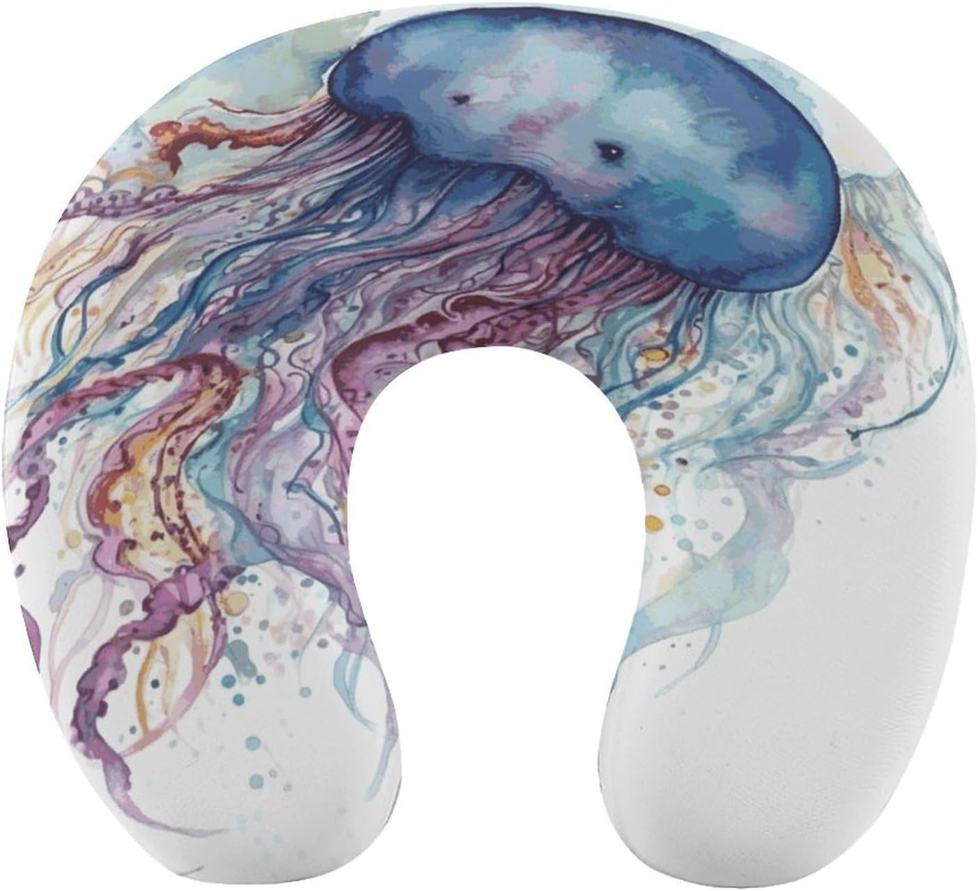 Watercolor Jellyfish Neck Pillow Memory Foam U Shaped Pillows Portable Pillows for Shoulder Travel Head Support Pillow with Concealed Zipper for Airplane Car Home Office