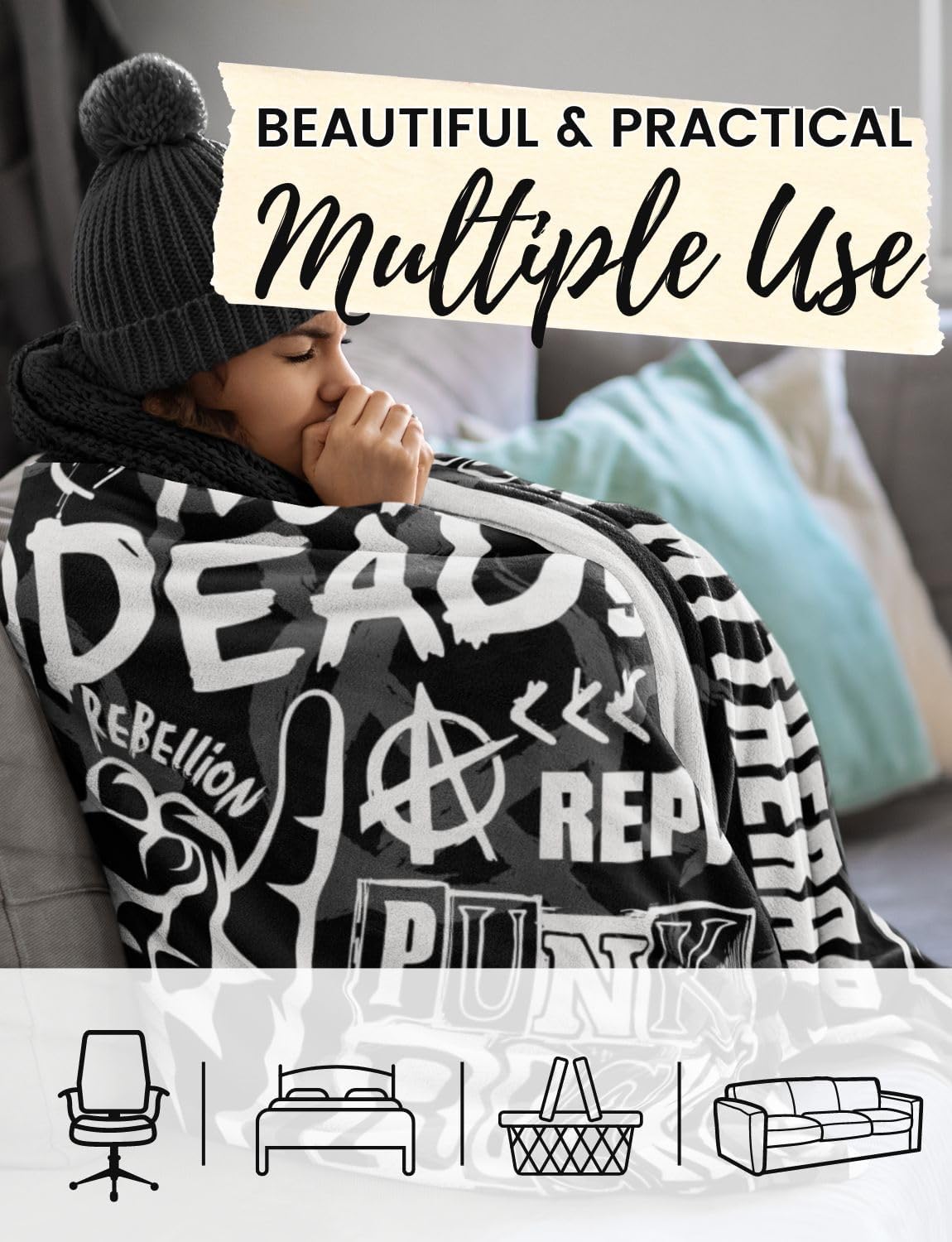 Punk Gifts, Punk Rock Blanket for Punk Lovers, Rock N Roll Lovers, Punk's Not Dead Throw Blanket, Flannel Blanket 65 x 50 Inches - Black