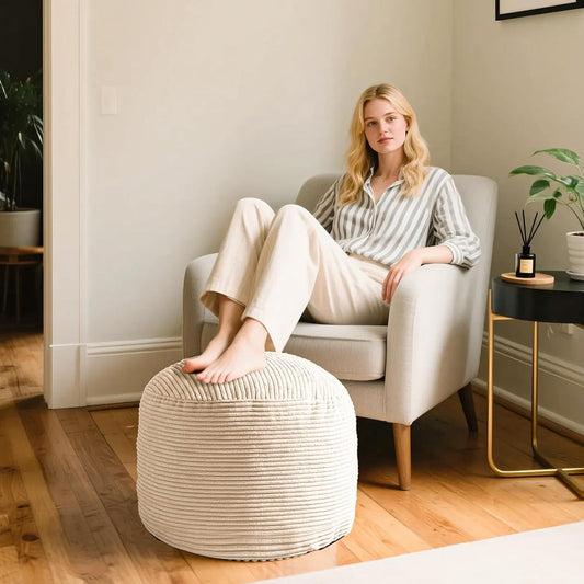 Foot Stools Ottoman,Round Stuffed Pouf Ottoman, Corduroy Poufs with Foam Chunk Filling, Furry and Fluffy Storage Ottomans, 20 X 15 Floor Poufs Foot Rest for Living Room