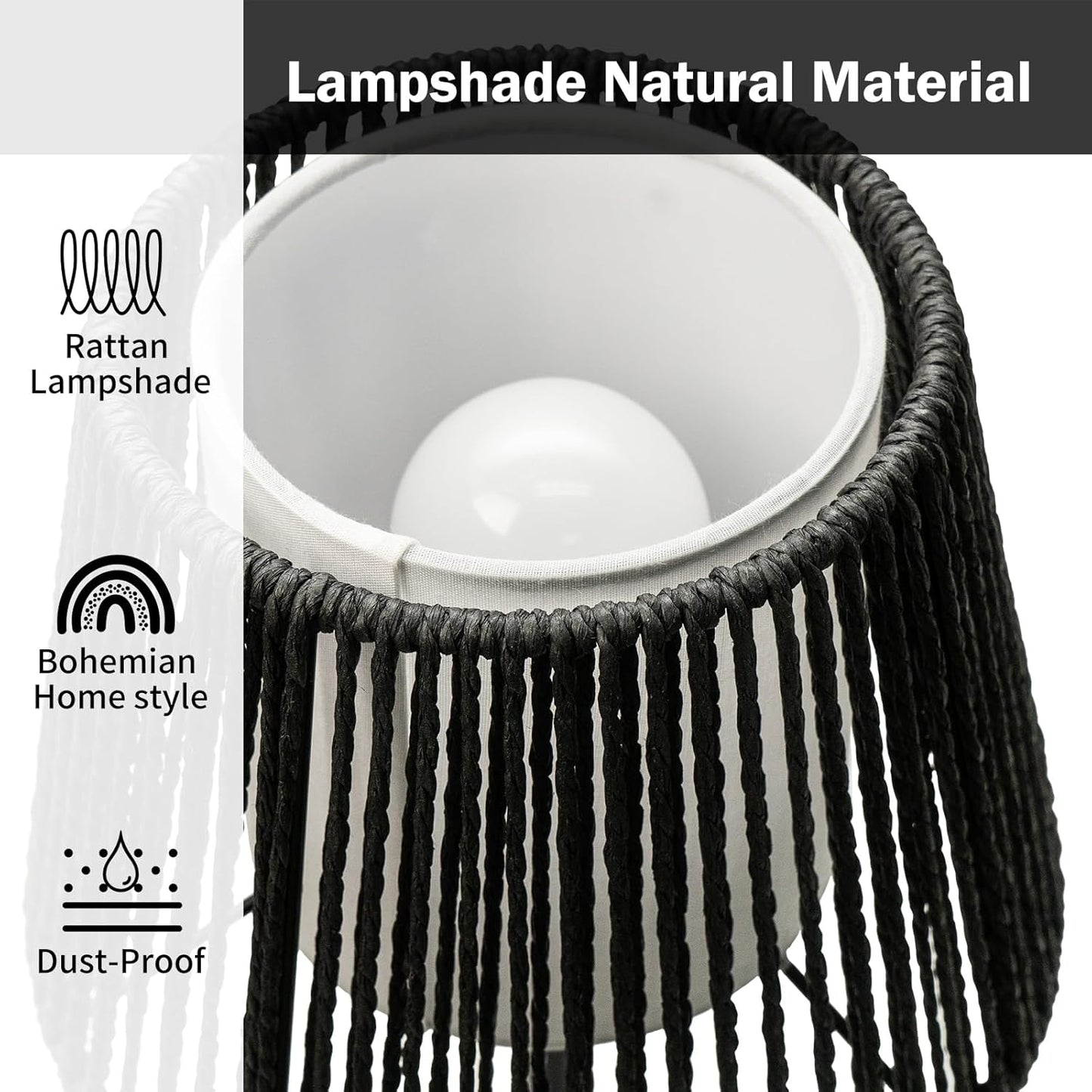 Touch Boho Lamp Dimmable, 3-Way Bedside Table Lamp 14.2", Rope Light for Bedroom Nightstand Farmhouse, Bulb Included, 2 Packs (Black)