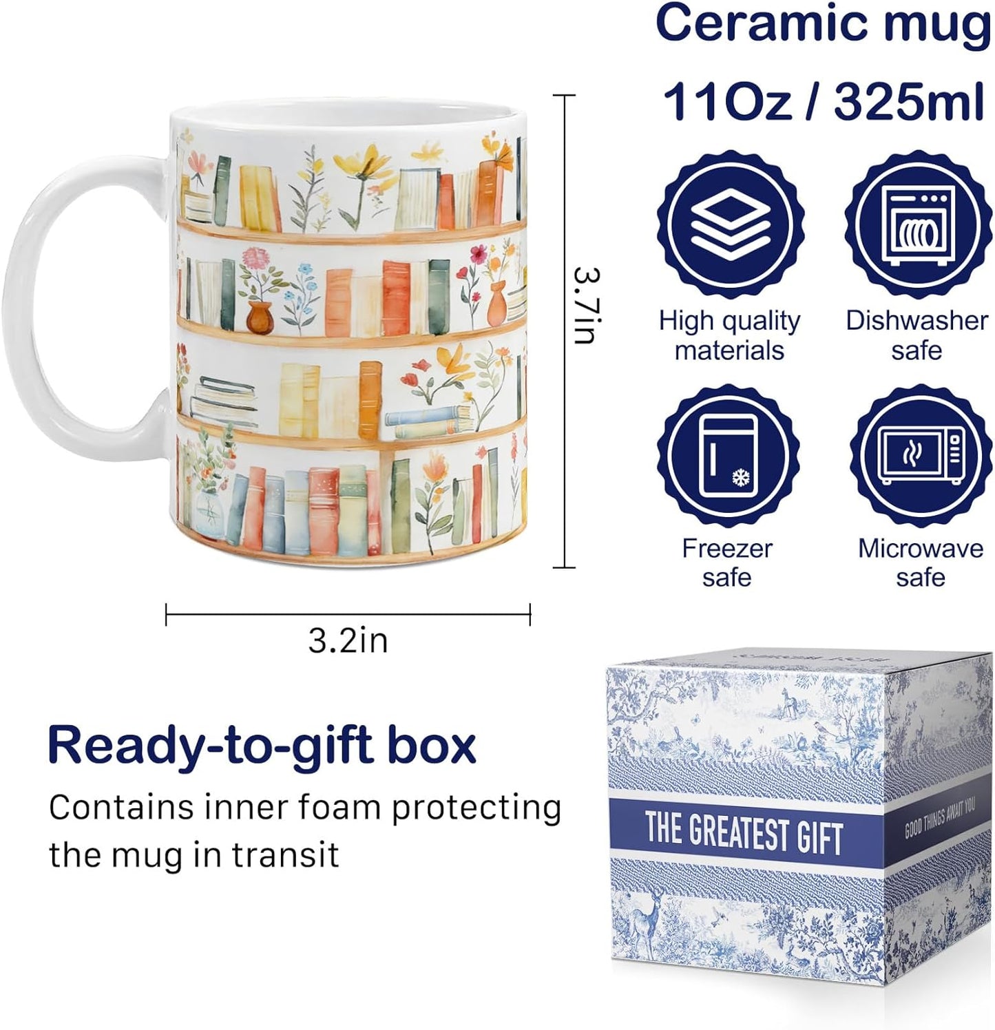 Book Mug Gifts for Books Lovers, mug Gift for book Lover Women, Bookish mugs with Floral Bookshelf Design, reading Mugs gift for BookWorm Librarian Reader on Birthday, Reading Themed Coffee mug-18