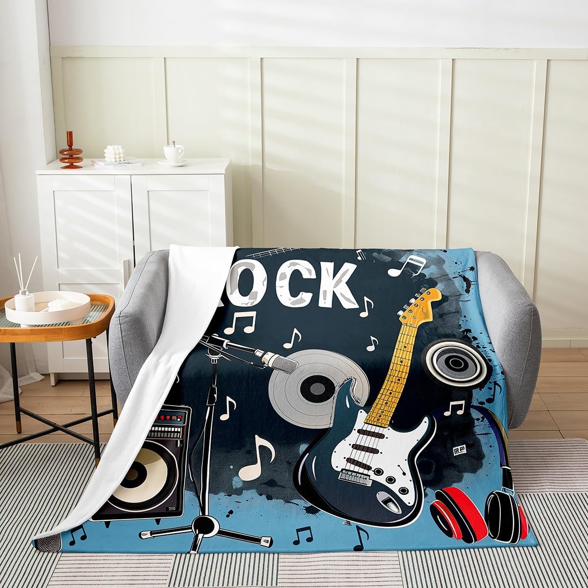 Feelyou Rock Music Plush Throw Blanket Throw 50"x60" Guitar Musical Flannel Fleece Blanket for Sofa Couch Kids Musical Instrument Blanket Music Theme