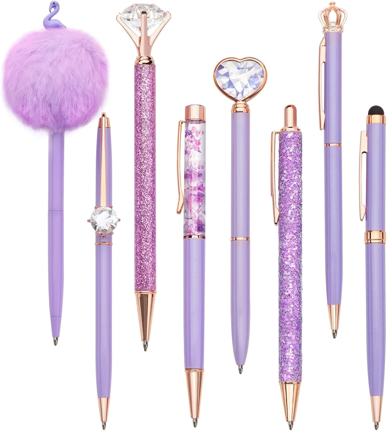 WEMATE 8Pcs Purple Pens, Metal Crystal Diamond Pen with Black & Blue Ink, Pens for Journaling, Office Supplies Fancy Pens for Women, Back to School Supplies for Girls Birthday (Purple)