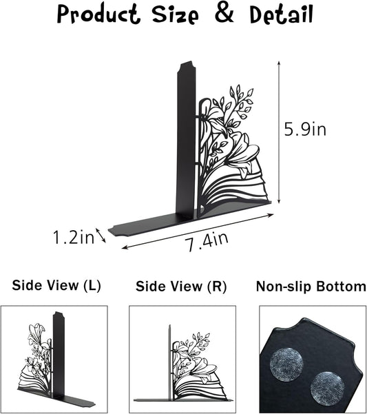 Metal Flower & Book Design Decorative Bookends – Cute Bookends for Shelves, Reading Room Decor for Book Lovers