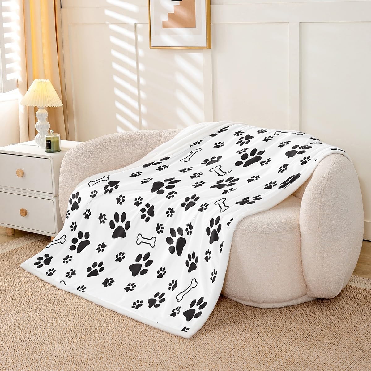 Castle Fairy Dog Paw Print Fleece Throw Blanket Super Soft Cozy Puppy Bone Sherpa Blanket for Kids Women Adults Black White Plush Blanket Dog Footprints Fuzzy Blanket for Sofa Bed Couch(30x40 Inches)