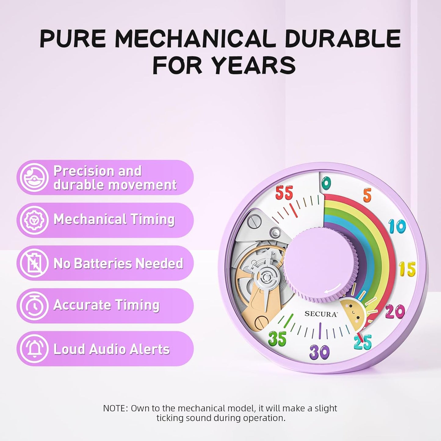 Secura 60-Minute Rainbow Visual Timer 6-Inch Mechanical Countdown Timers for Teaching, Meeting, Cooking, Working - Timer for Kids with Magnetic Backing (Purple)