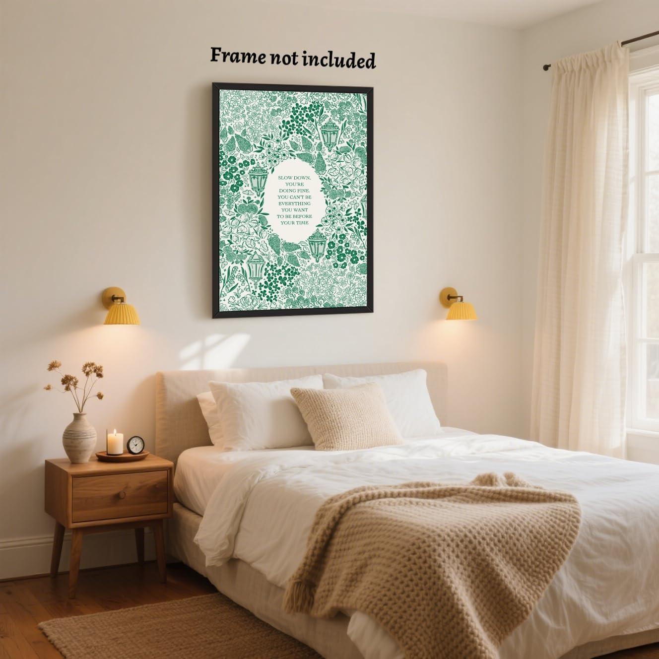 HUYKON Slow Down You’re Doing Fine Music Poster Vintage Song Lyric Green Wall Art Retro Positive Quote Motivational Floral Canvas Print Wall Decor Aesthetics for Bedroom Home 8x12inch Unframed