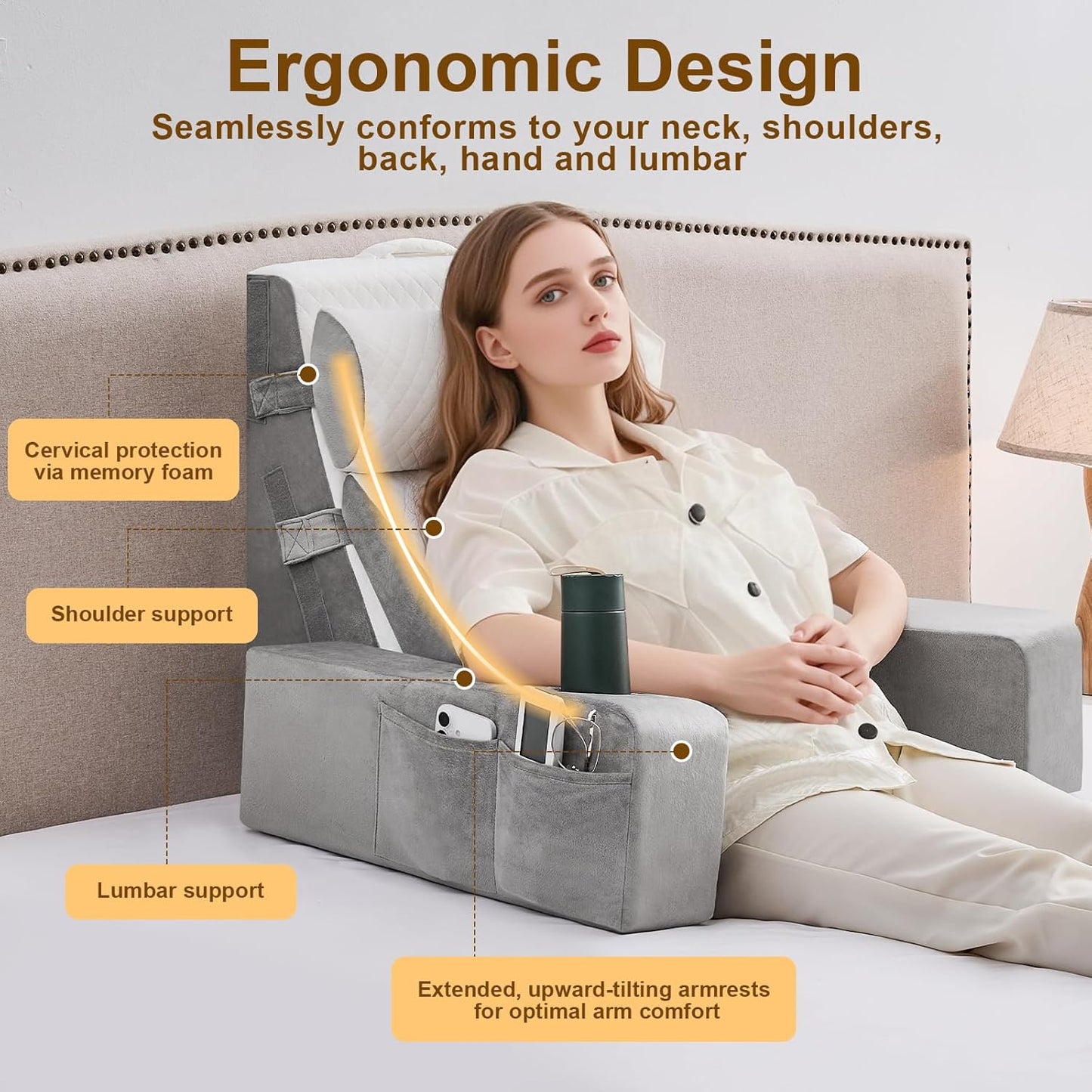 Reading Pillow for Sitting in Bed Adult, Back Pillow for Bed Sitting up with Arms, Pockets and Cup holder, Sit Up Backrest Pillows for Beds Chair Support, Rest Pillow for Gaming (Light gray, 5PCS)