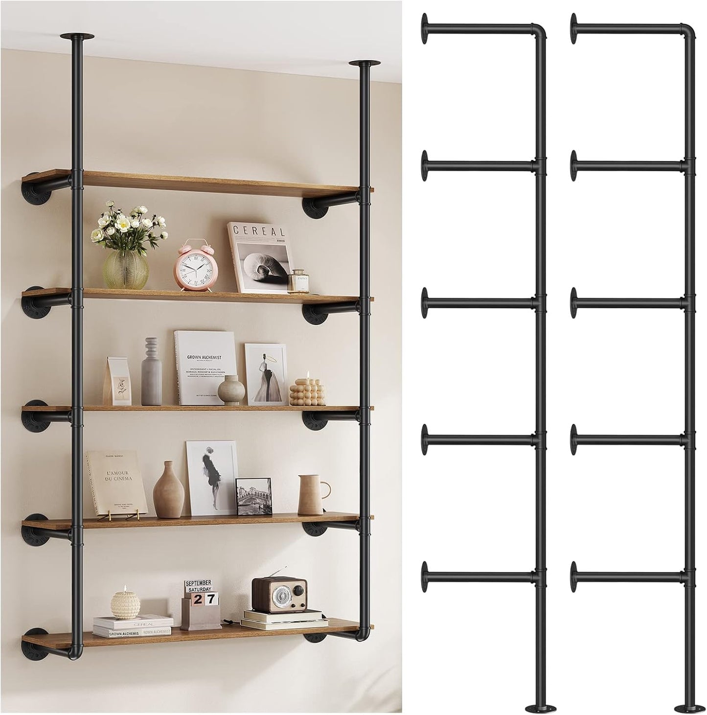Industrial Iron Pipe Shelf Wall Mount, Farmhouse DIY Open Bookshelf, Pipe Shelves for Kitchen Bathroom, bookcases Living Room Storage, 2Pack of 5 Tier