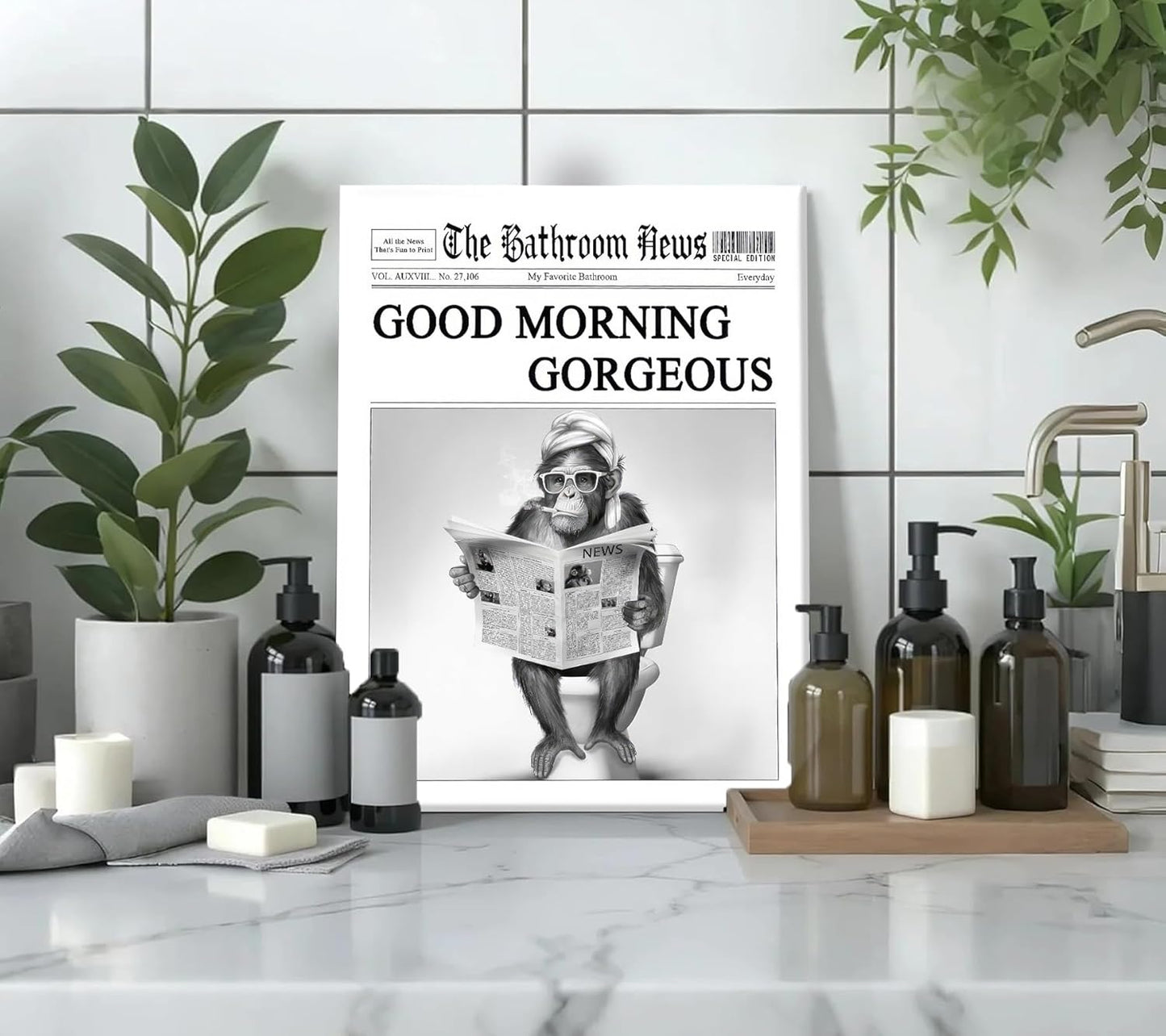 Funny Gorilla Bathroom Canvas Wall Art Black White Gorilla Reading Newspapers Painting Picture Wall Decor Humorous Bathroom Animals Poster Print Artwork for Toilet Home Decoration 12x16in