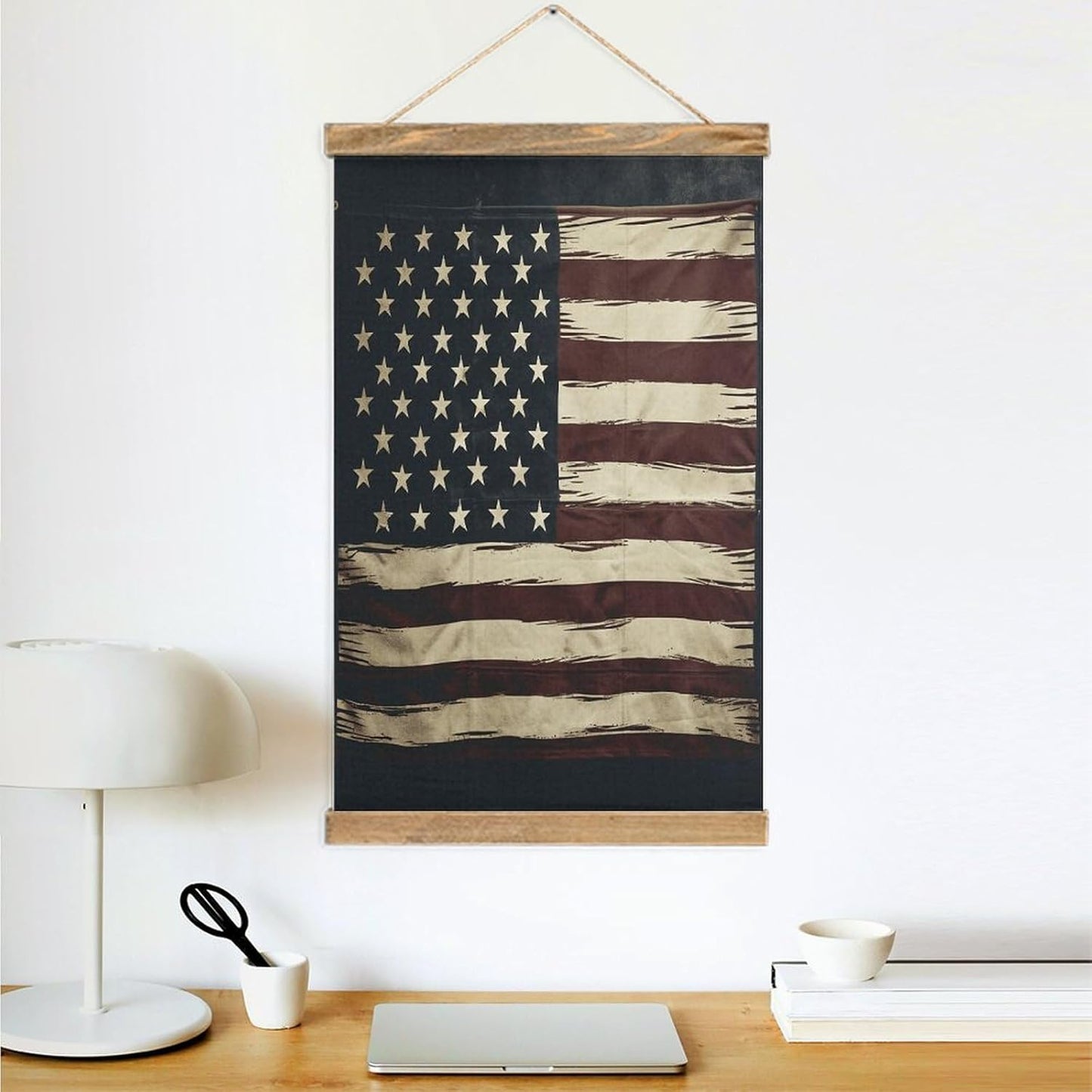 Vintage American Flag Poster with Wooden Frame Personalized Linen Hanging Scroll Painting Rustic Wall Hanging Illustrative Modern Artwork Decor for Home Living Room Bedroom Office