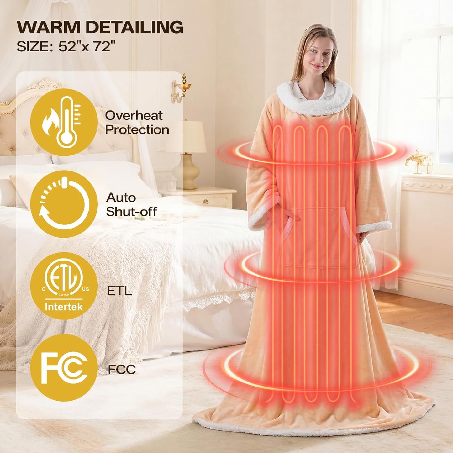Wearable Heated Blanket with Foot Pocket, Wearable Electric Throw Blanket with Sleeves, Flannel & Sherpa Heated Throw Blanket with 6 Heat Settings, 1-12 Hours Auto Shut-Off, 52"x72", Beige