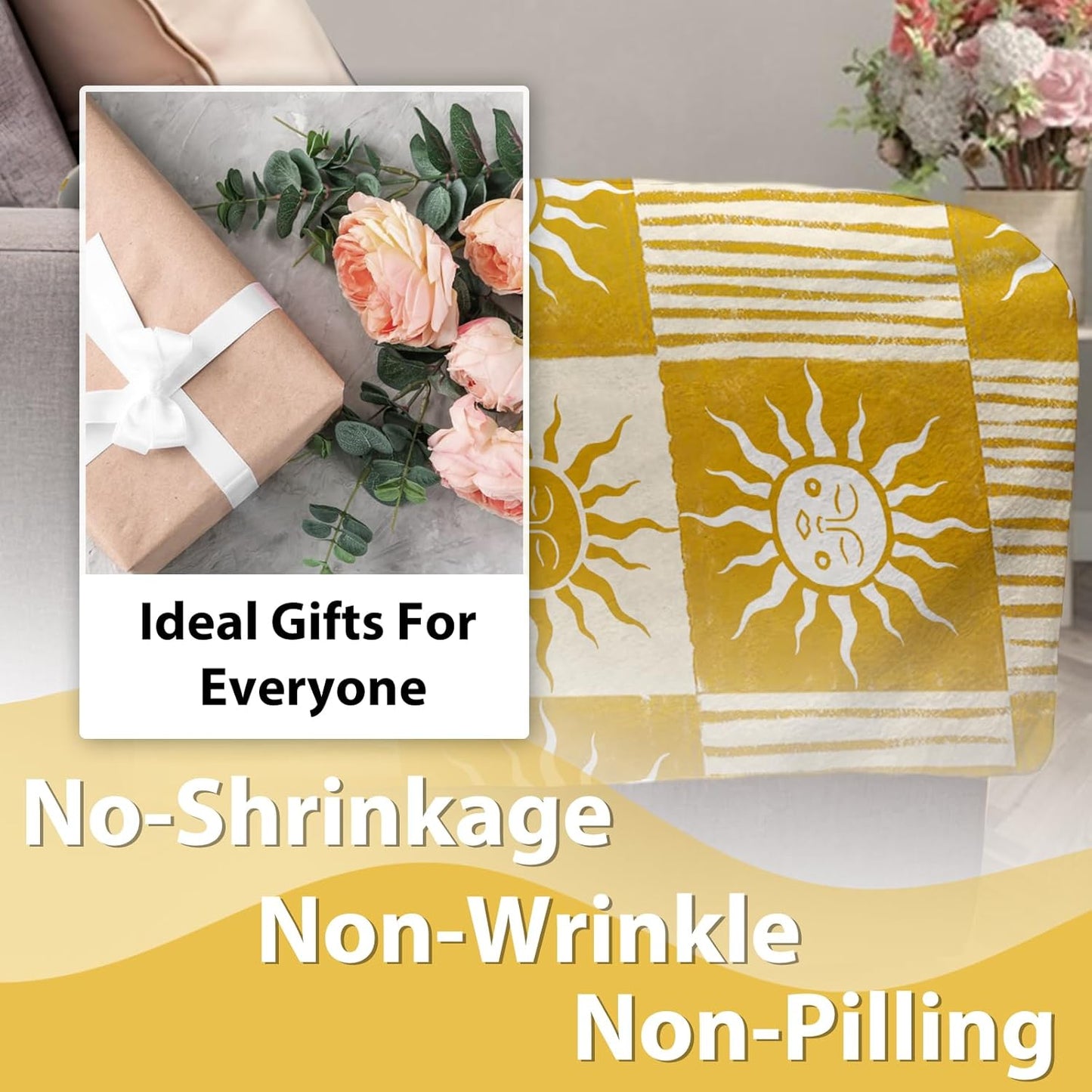 Boho Sun Face Flannel Throw Blanket, Bohemia Sunshine Yellow Birthday Gifts for Kids Men Women, Sunny Plaid Check Stripes Soft Blankets for Bedding Sofa 50" x 60"