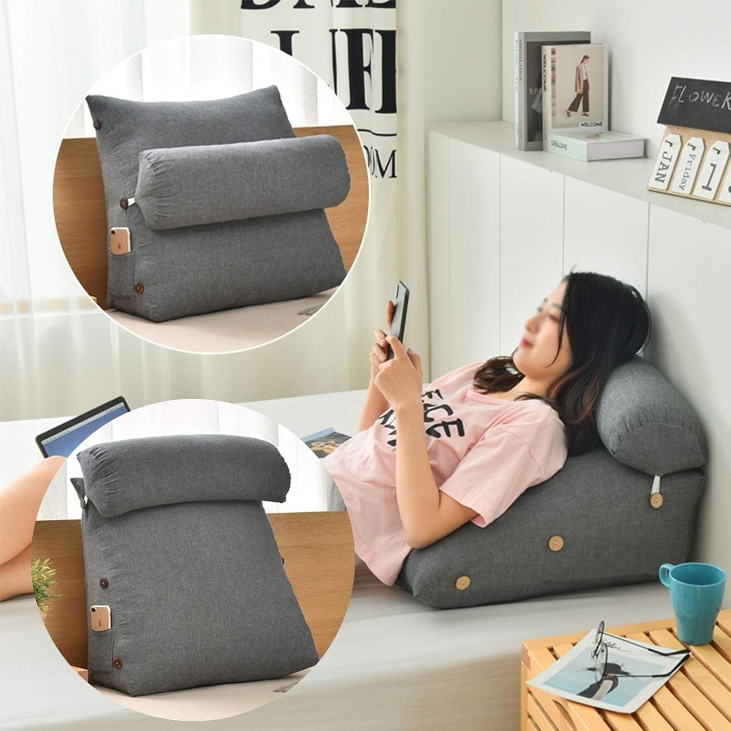 Reading Pillow Adjustable Height Wedge Support Cushion for Office Home Zipper Design Washable 4 Color 16 Size Optional (Color : Yellow Size : 58x22x50cm (2 Pieces)) (Yellow 45x22x50cm)