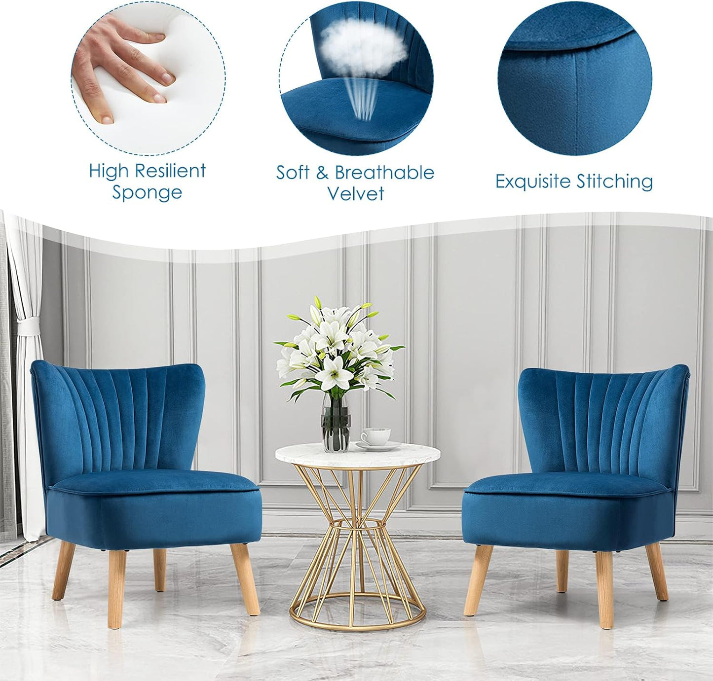 KOTEK Velvet Accent Chair, Modern Armless Accent Chair w/Solid Rubber Wood Legs, Upholstered Side Chair Club Sofa Chair Slipper Chair for Living Room Bedroom (Blue)