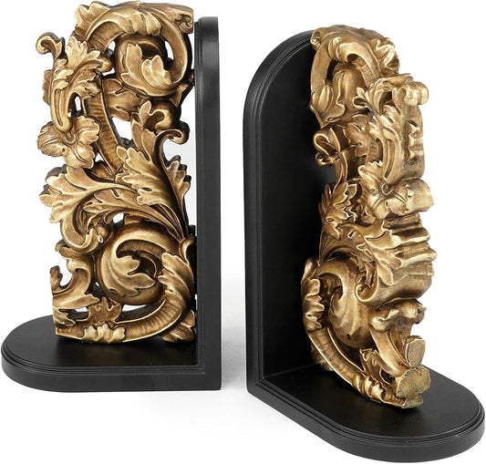 AELS Vintage Heavy Duty Bookends, Decorative Book Ends for Heavy Books, Unique Rustic Bookend Supports for Shelves, Stopper for Books/Movies/CD, Farmhouse Decoration, Bronze Gold & Black