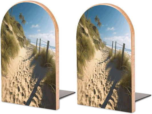 Beach Themed Bookend for Shelves Wooden Book End Large Size Sturdy Book Holders Stoppers with Metal Base for Bookshelves Slick Decorative Bookends Stands