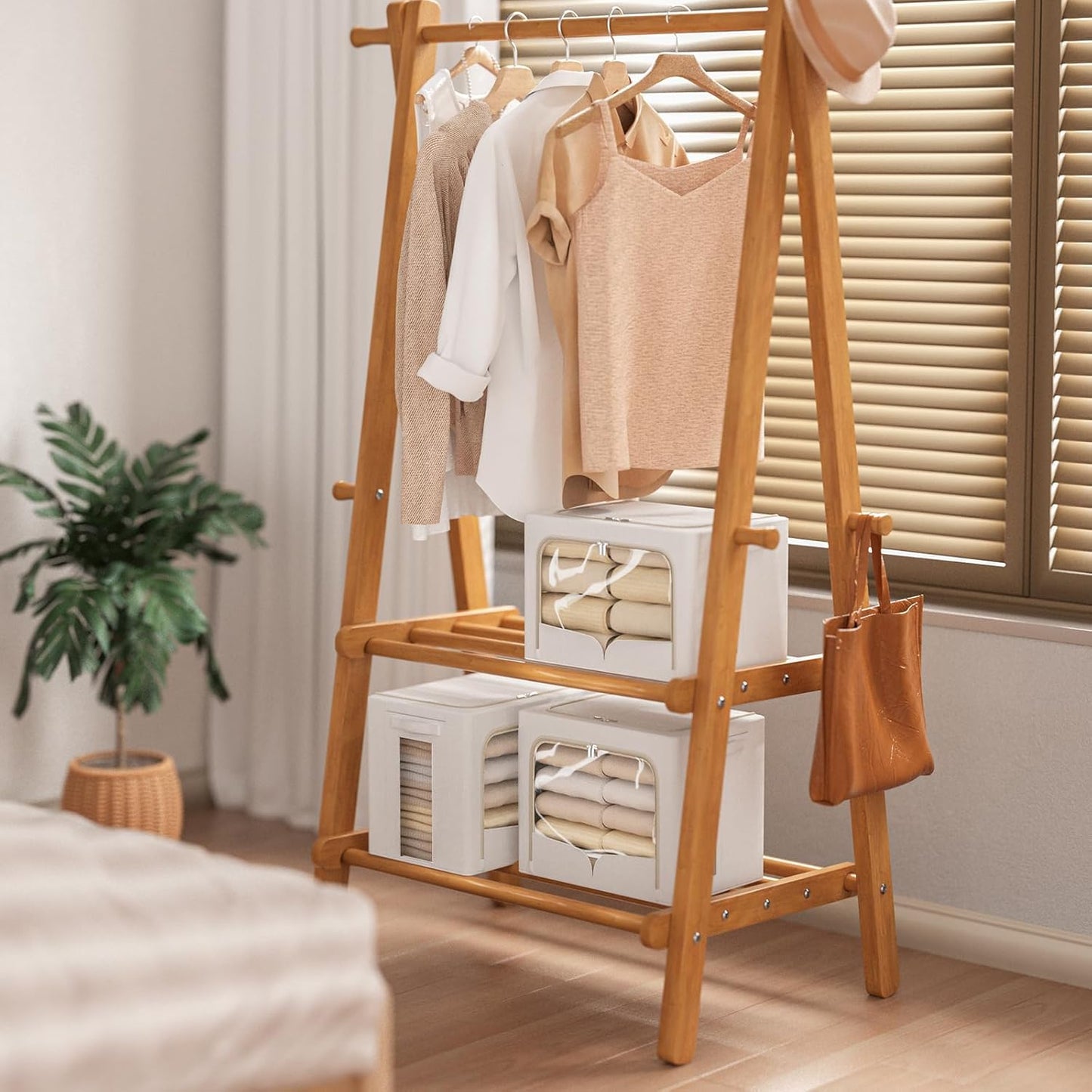 FHSQX 3 Pack Clothes Storage Bins Foldable Metal Frame Storage Box Stackable Linen Fabric Container Organizer Set with Carrying Handles and Clear Window (Cream White, 23.6x16.5x15.7inch(100L))