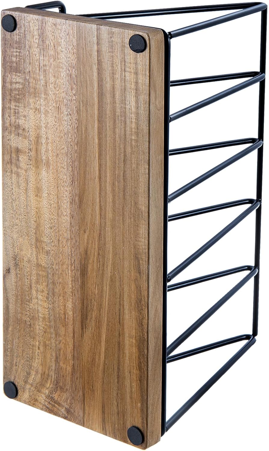 MyGift 13 Inch Premium Acacia Solid Wood and Matte Black Metal Wire Kitchen Countertop Cookbook Stand, Rustic Wooden Cooking Recipe Book Display Tablet Holder