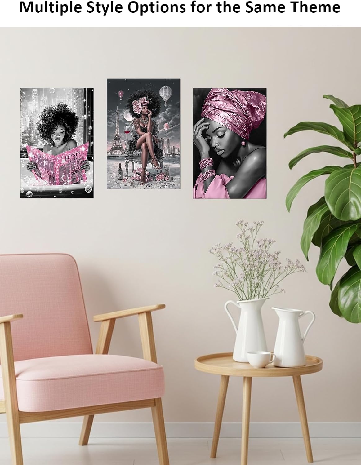 Black Girl Wall Art Afro Woman Reading Pink Newspaper in Bath Canvas Black White Cityscape Print Modern African American Painting Inspirational Picture Poster for Bathroom Home Decor(POR-02,12"x18")