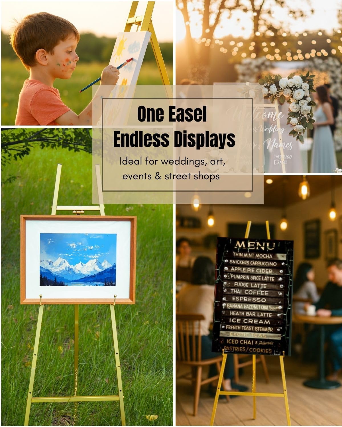 Gold Easel Stand for Sign – 47" Heavy Duty Metal Easel with 4-Tier Height & Adjustable Angle – Elegant Art Easel for Wedding Sign, Welcome Boards, Display, Event – Easy Assembly, Storage Bag Included