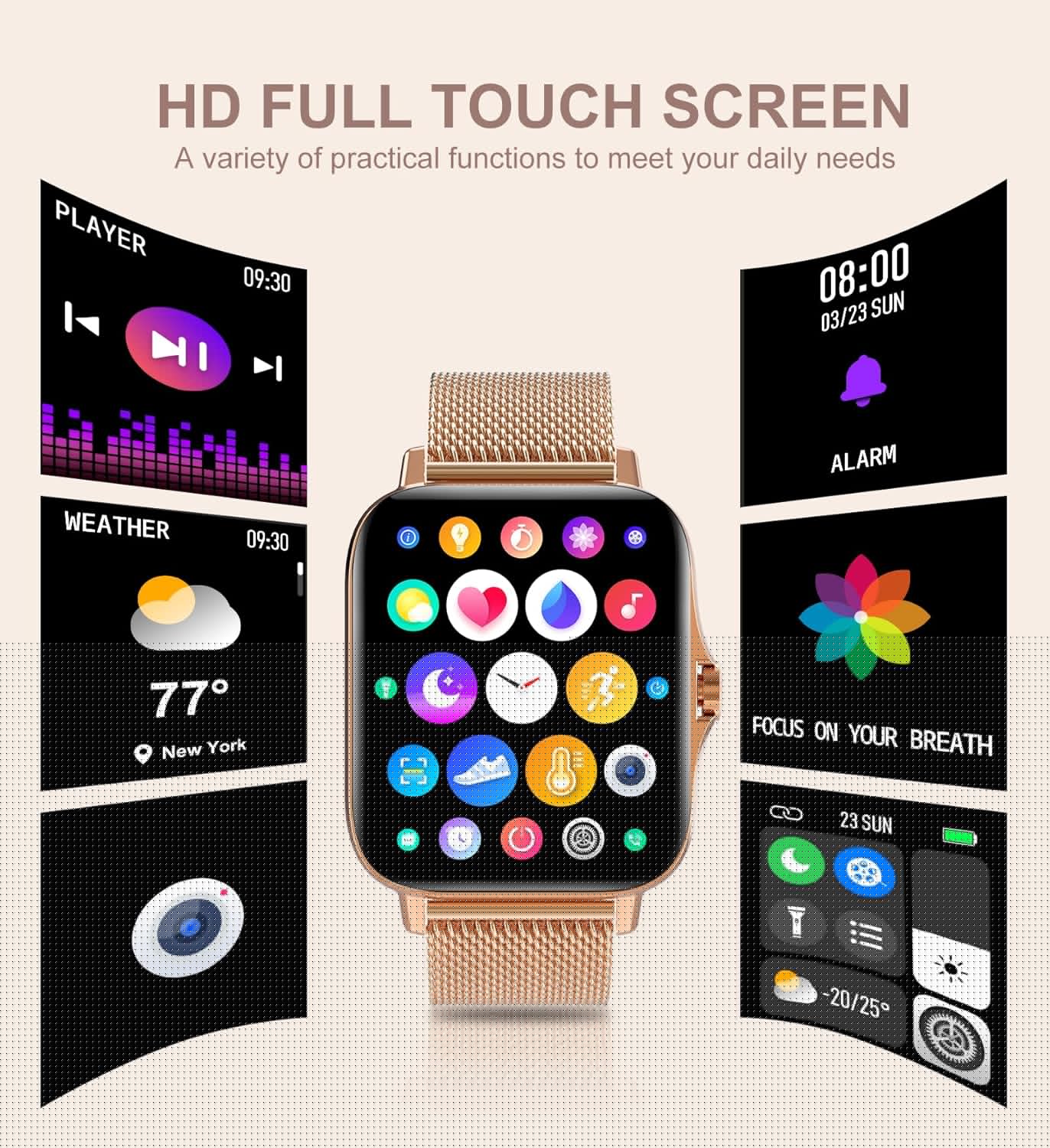 Iaret Smart Watch for Women(Call Receive/Dial), Fitness Tracker Waterproof Smartwatch for Android iOS Phones 1.7" HD Full Touch Screen Digital Watches with Heart Rate Sleep Monitor Pedometer