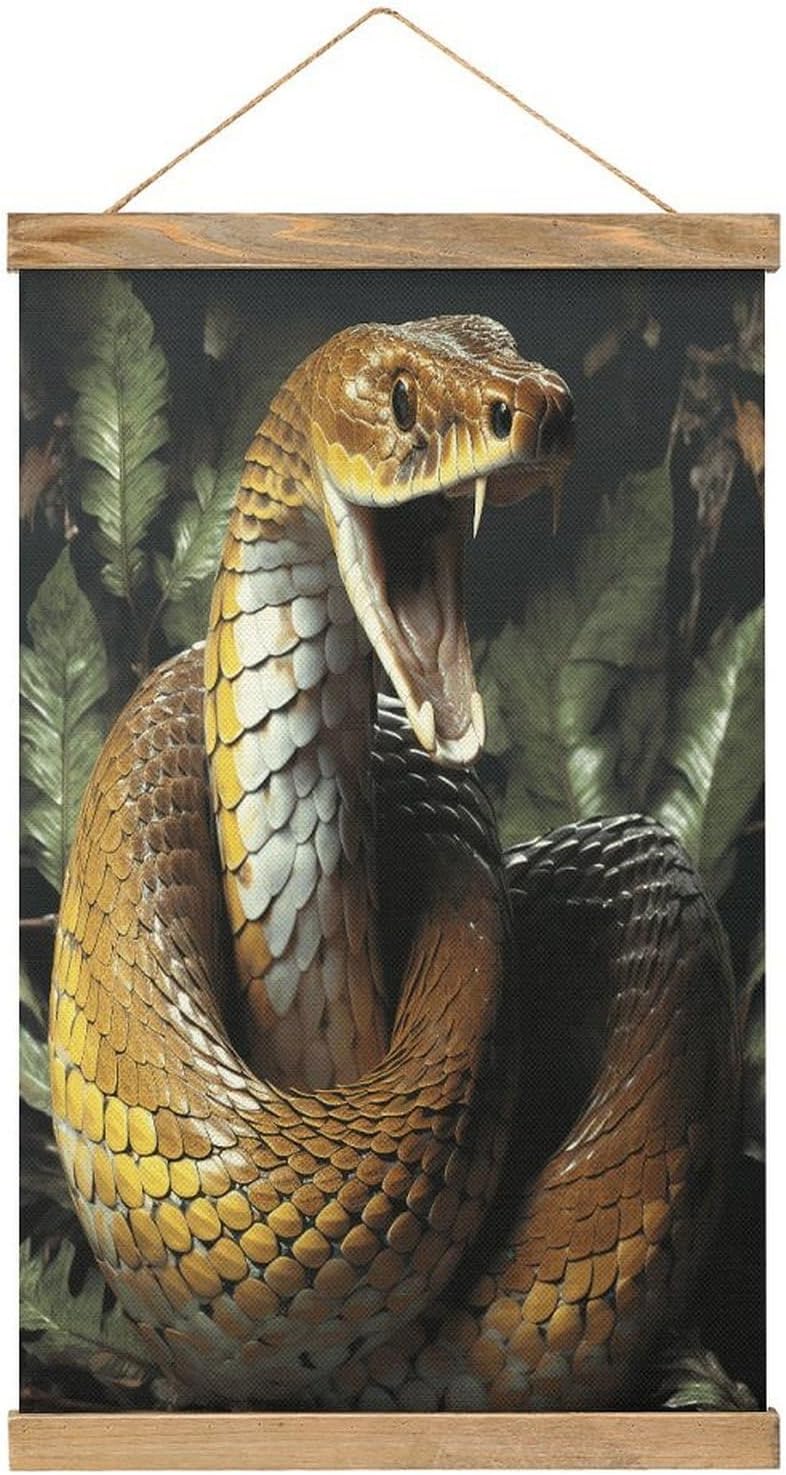 Vintage Cobra Snake Poster with Wooden Frame Personalized Linen Hanging Scroll Painting Rustic Wall Hanging Illustrative Modern Artwork Decor for Home Living Room Bedroom Office