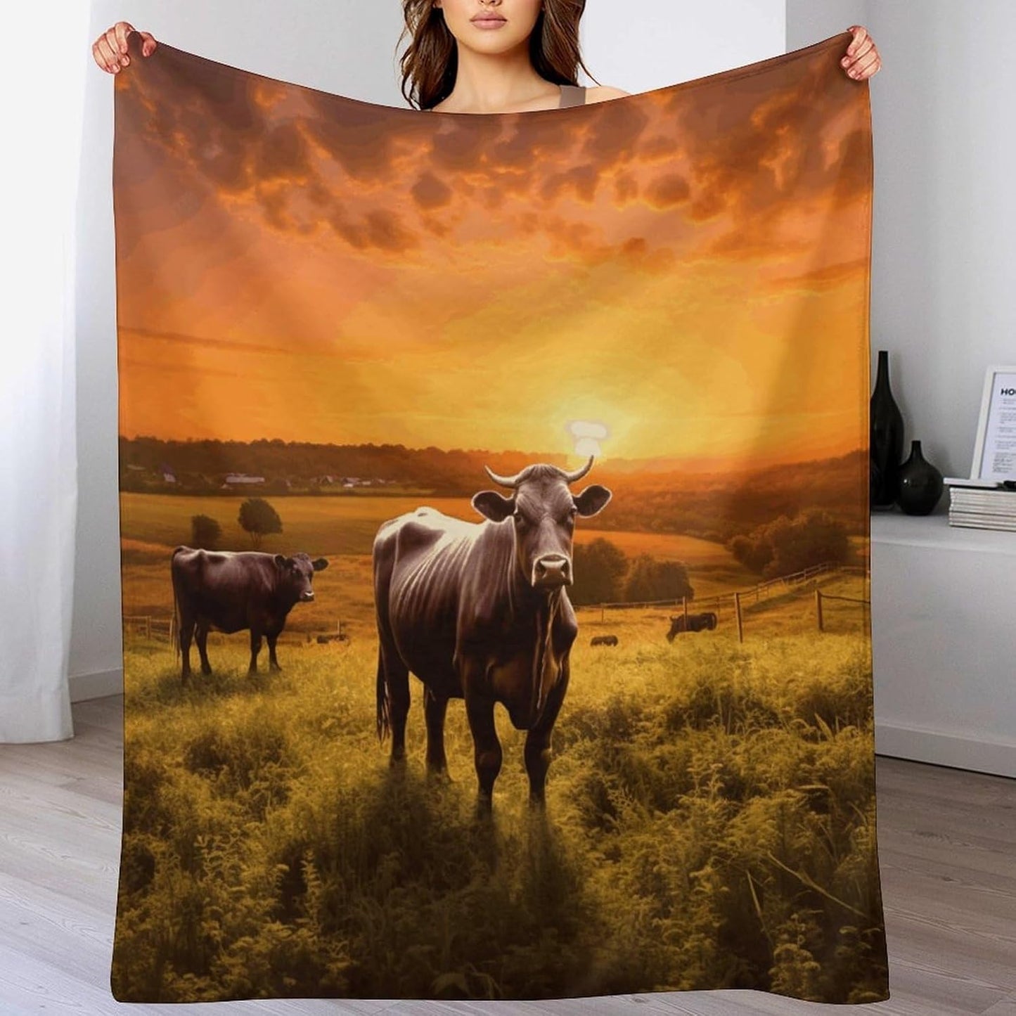 Cow and Sun Orange Sky Throw Blanket for Couch Super Soft Warm Lightweight Throw Blankets Cozy Flannel Bed Blanket Cute Decorative Blankets for All Seasons Home Decor Gift 30"*40"（76 * 100cm）