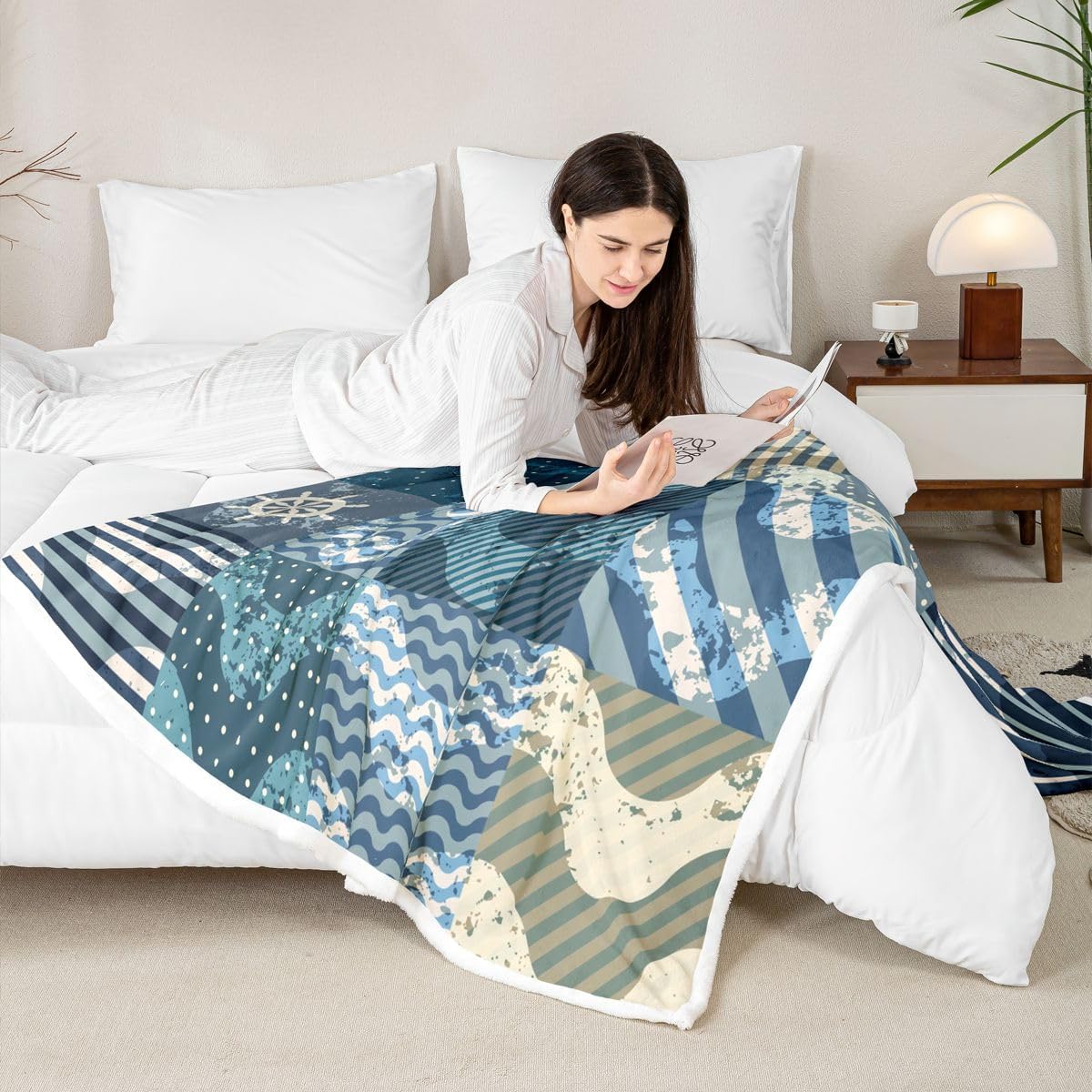 Ocean Nautical Soft Cozy Fleece Blankets Geometric Grid Stripes Fleece Flannel Throws Anchor Rudder Sea Wave Throw Blankets Buffalo Lattice Polka Dot for Sofa Bed Couch,Throw 50x60 Inch